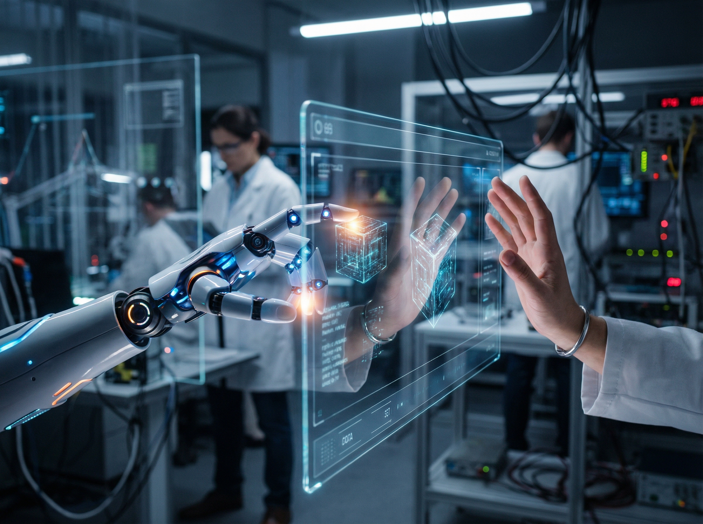 A futuristic robot hand completing a complex task on a holographic interface, while a human hand watches in awe. The background is a busy, high-tech research lab. Informational style, modern layout, high contrast. Aspect ratio 4:3, no visible text.