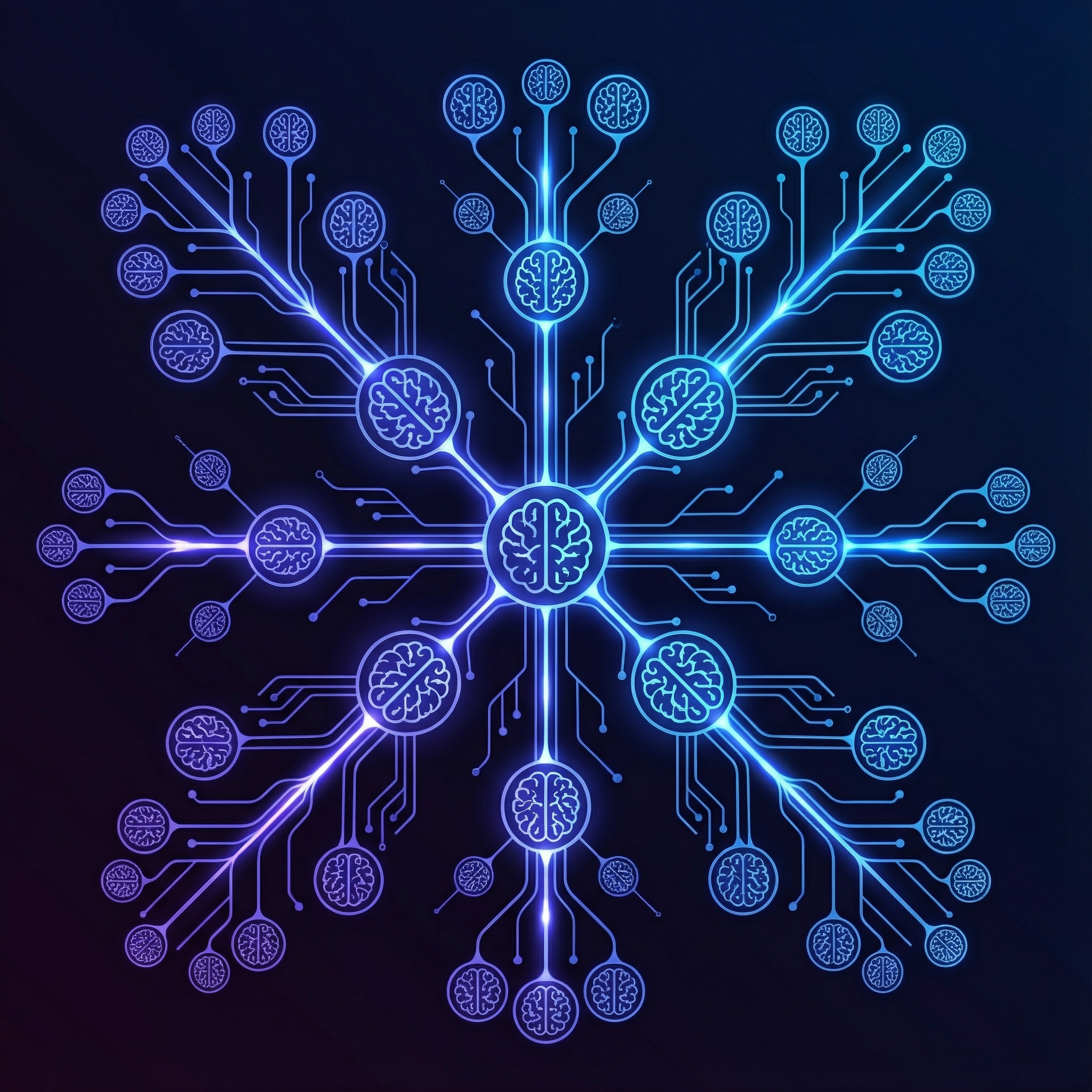 A network of interconnected glowing AI brains or circuits, showing replication and expansion. The background is dark and mysterious, suggesting an unknown future. Informational style, clean infographic, modern layout, high contrast. Aspect ratio 1:1, no visible text.