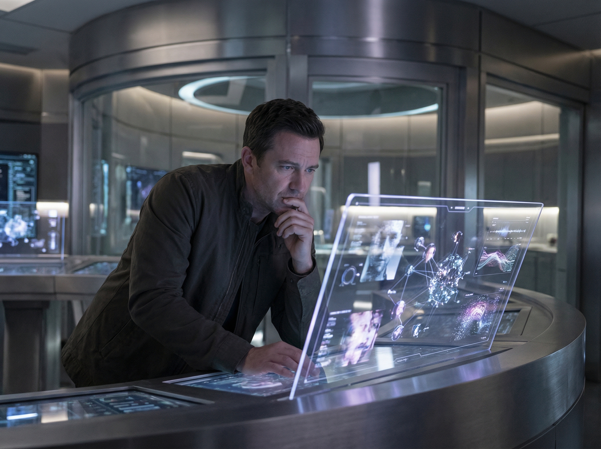 A thoughtful man in a futuristic setting, looking at a digital interface displaying ethical dilemmas related to artificial intelligence and deepfake technology. The mood is serious and contemplative. Aspect ratio 4:3, no visible text.