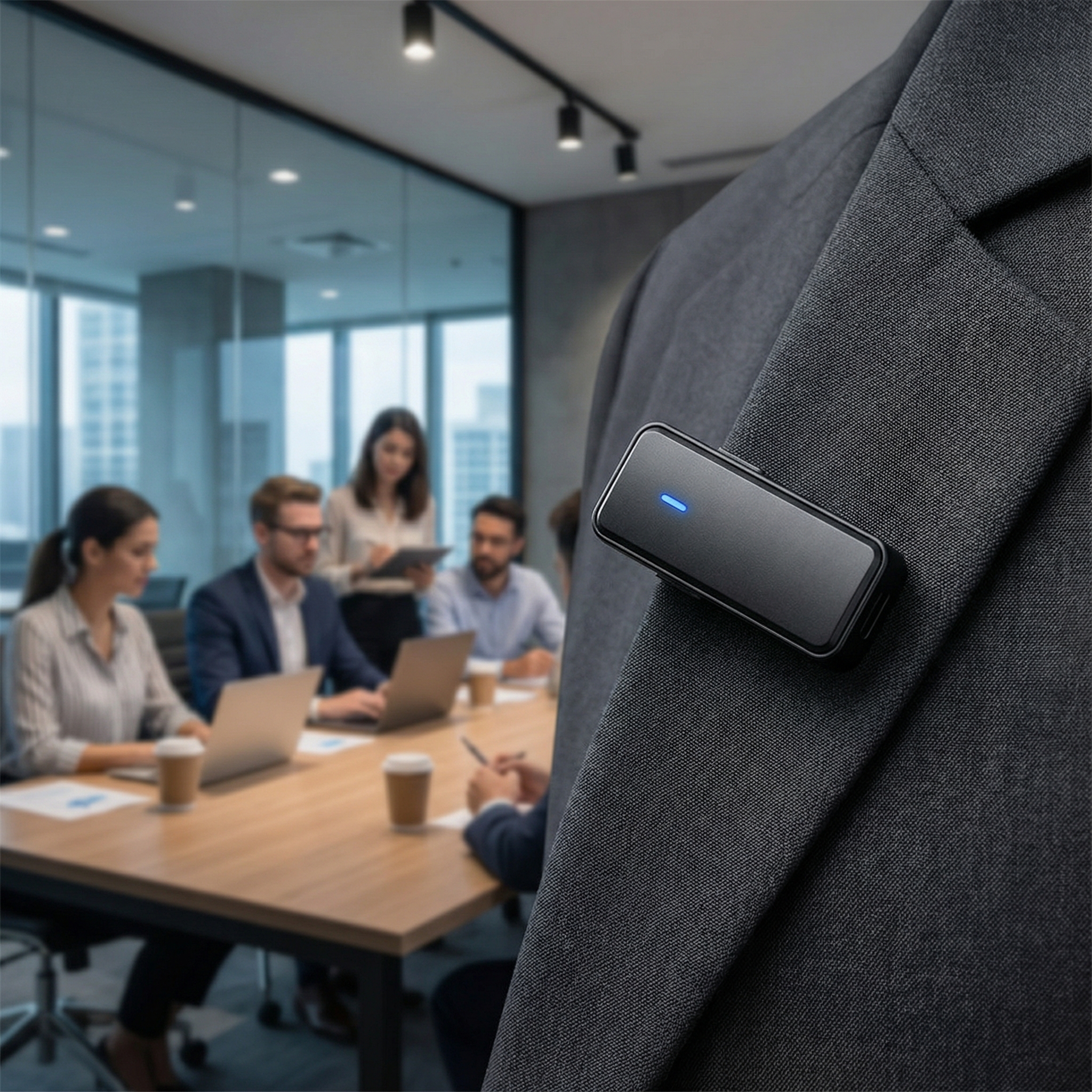 A sleek, modern AI audio recorder clip attached to a blazer lapel, capturing sound in a professional meeting setting. The background is a slightly blurred office environment with people collaborating. Style: informational, high contrast. Aspect ratio: 1:1. No visible text.