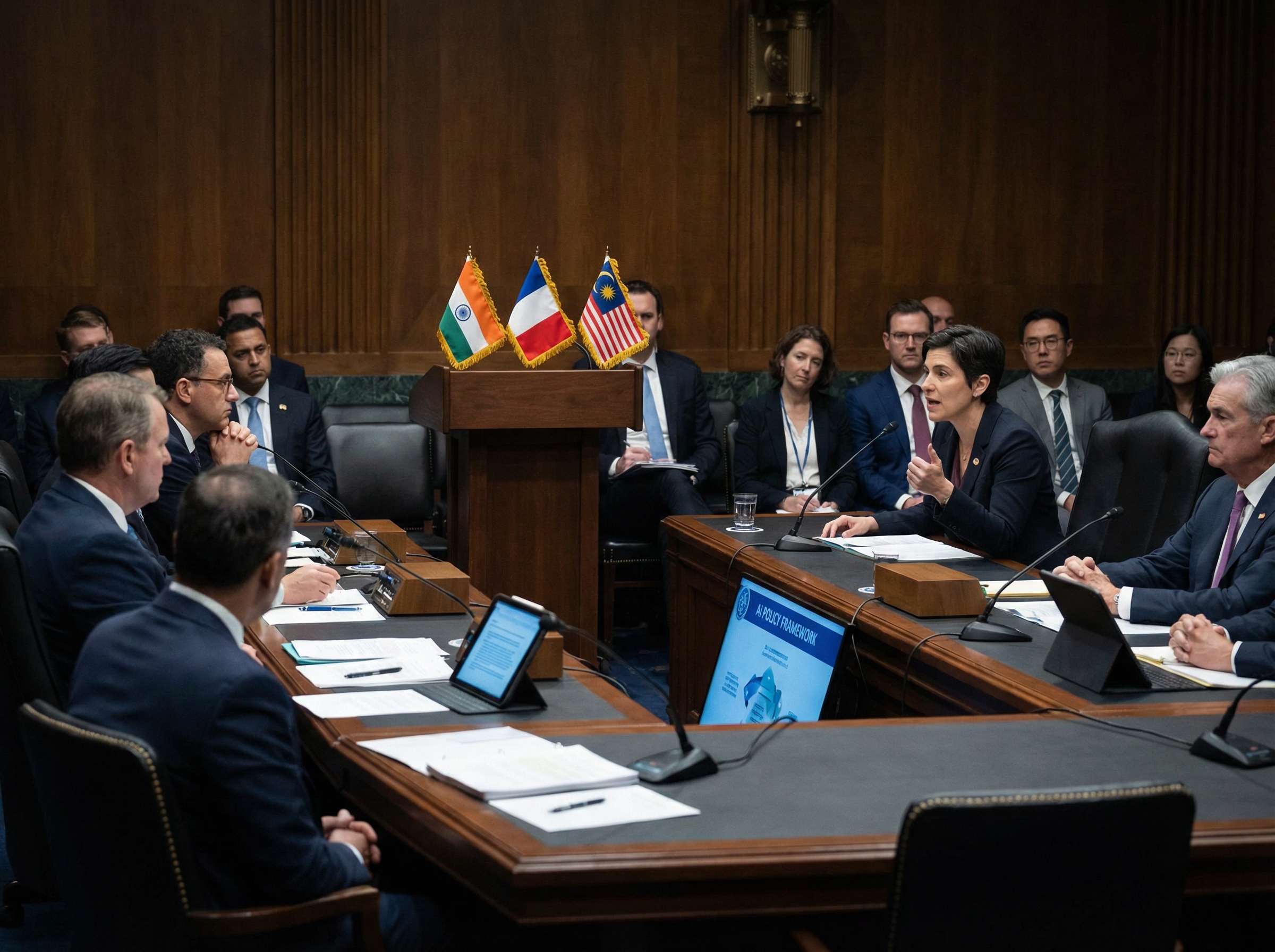 A serious courtroom or government meeting scene with a diverse group of international representatives discussing AI regulation. Flags of India, France, and Malaysia are subtly visible in the background. The atmosphere is tense and focused on legal action. Aspect ratio 4:3, no visible text.