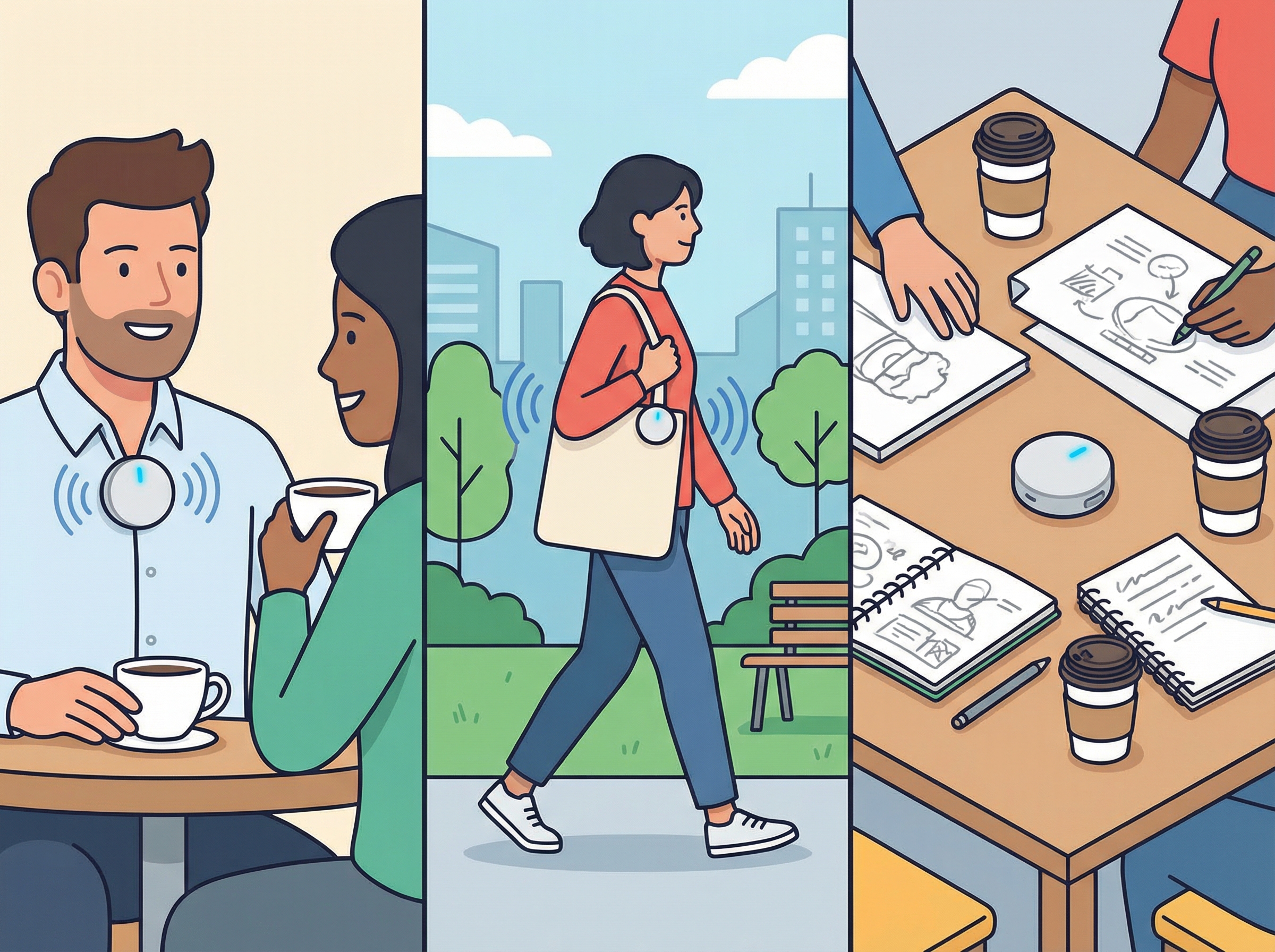 A stylized illustration showing a small, button-like AI audio recorder clip seamlessly integrated into various daily scenarios: attached to a shirt during a casual conversation, on a bag strap while walking, and on a desk during a brainstorming session. The art style is clean infographic with modern layout. Aspect ratio: 4:3. No visible text.