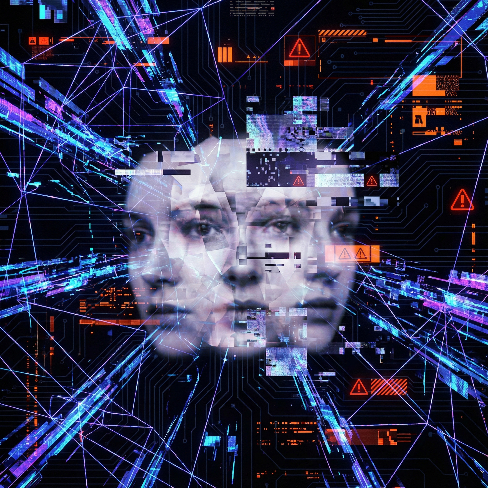 A complex network of digital data and manipulated faces, illustrating the dangers of AI deepfake technology. The image should convey a sense of risk and blurred reality. Style: Informational, modern layout, high contrast. Aspect ratio 1:1, no visible text.