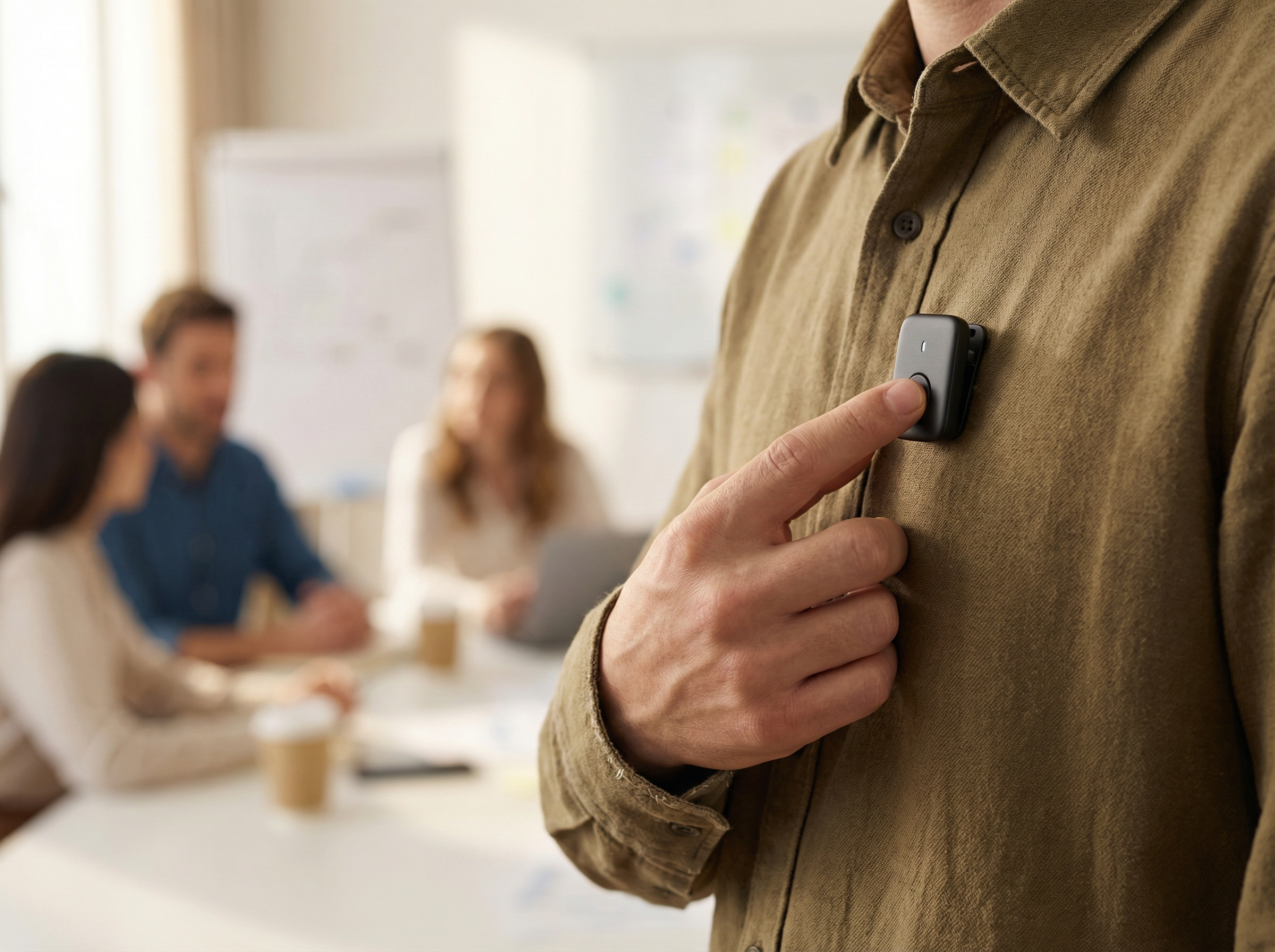A close-up shot of a hand gently pressing a button on the SwitchBot AI MindClip, which is clipped onto a shirt. In the background, a blurred image of a meeting room with people brainstorming, emphasizing the act of capturing important information effortlessly. Style: lifestyle photography, warm lighting, natural setting. Aspect ratio: 4:3. No visible text.