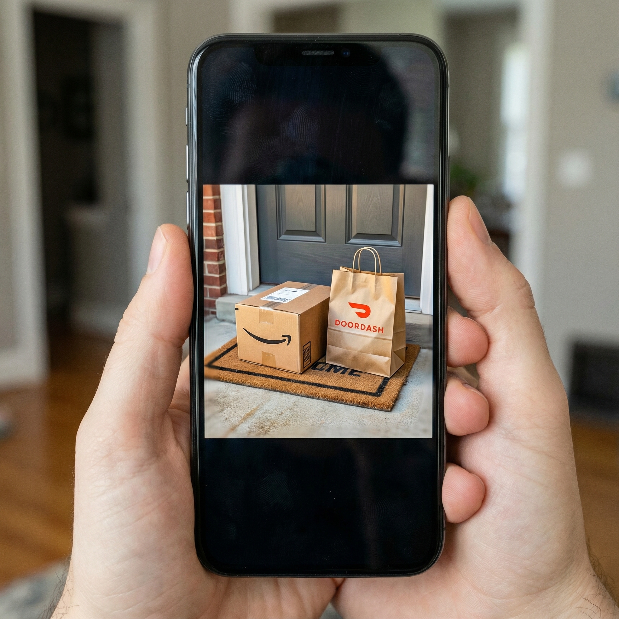 A close-up shot of a smartphone screen displaying an AI-generated image of a DoorDash package at a home's front door. The image on the screen looks realistic but with subtle AI artifacts. Informational style, 1:1 aspect ratio, no visible text.