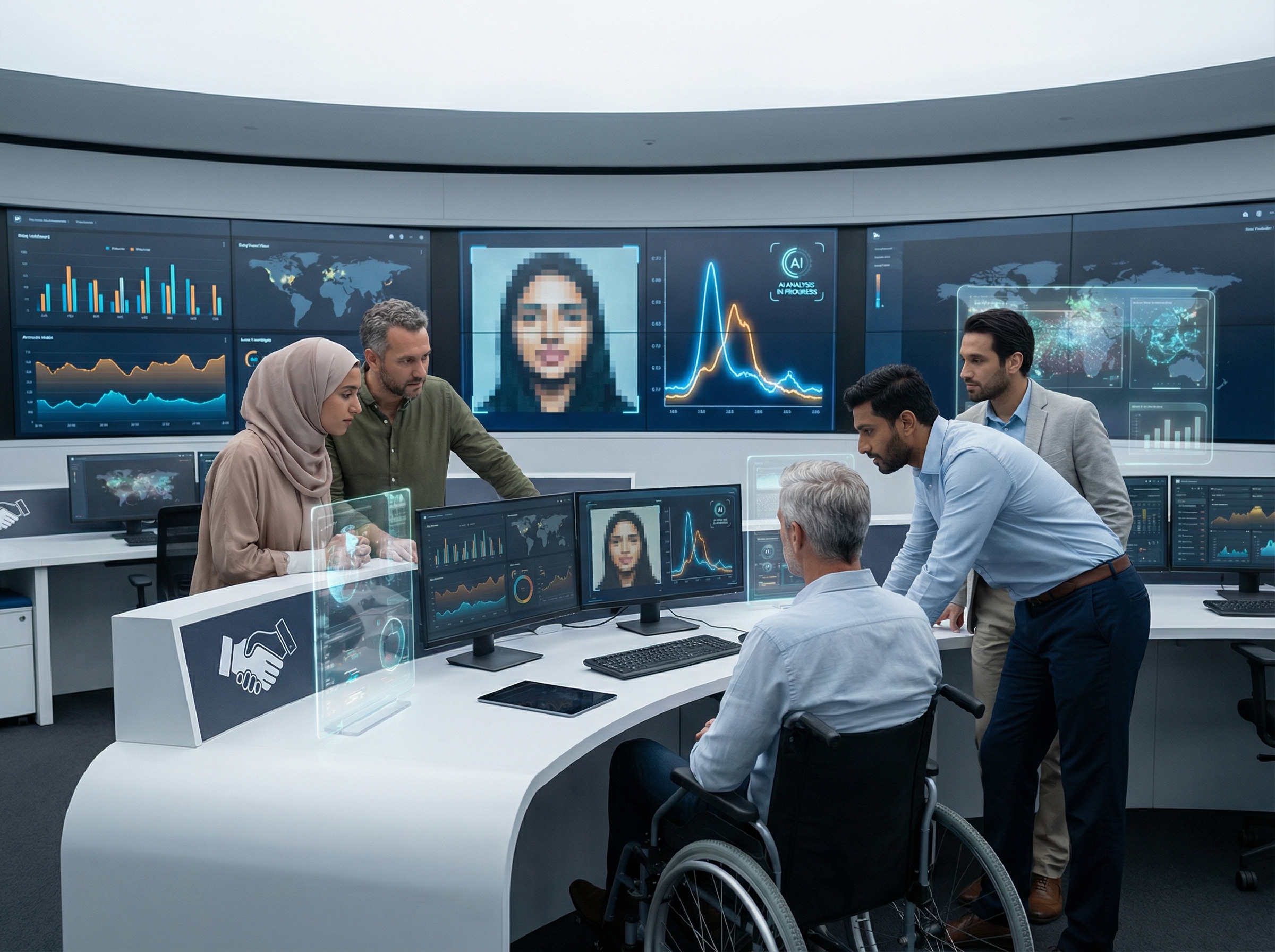 A team of diverse individuals in a modern control room, actively monitoring multiple large screens displaying data analytics and image analysis. One screen shows a suspected AI-generated image being analyzed. There are subtle AI interface elements on the screens, indicating technology and human collaboration for fraud detection. Informational style, 4:3 aspect ratio, no visible text.