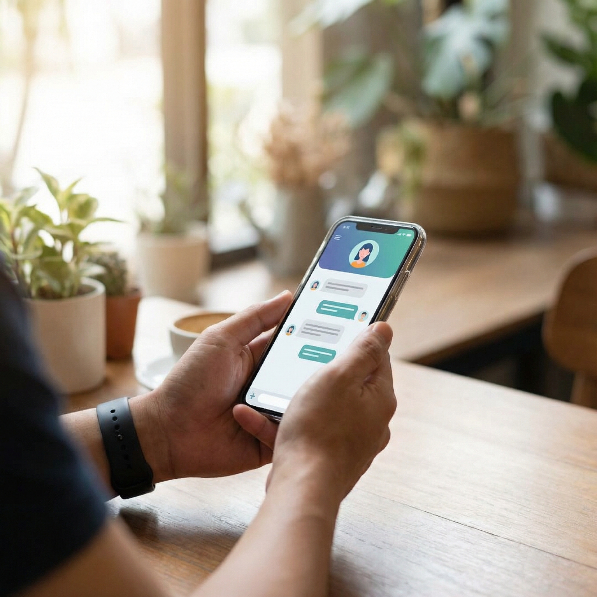 A person holding a smartphone showing a chatbot conversation interface, natural lighting, lifestyle photography, 1:1, no text