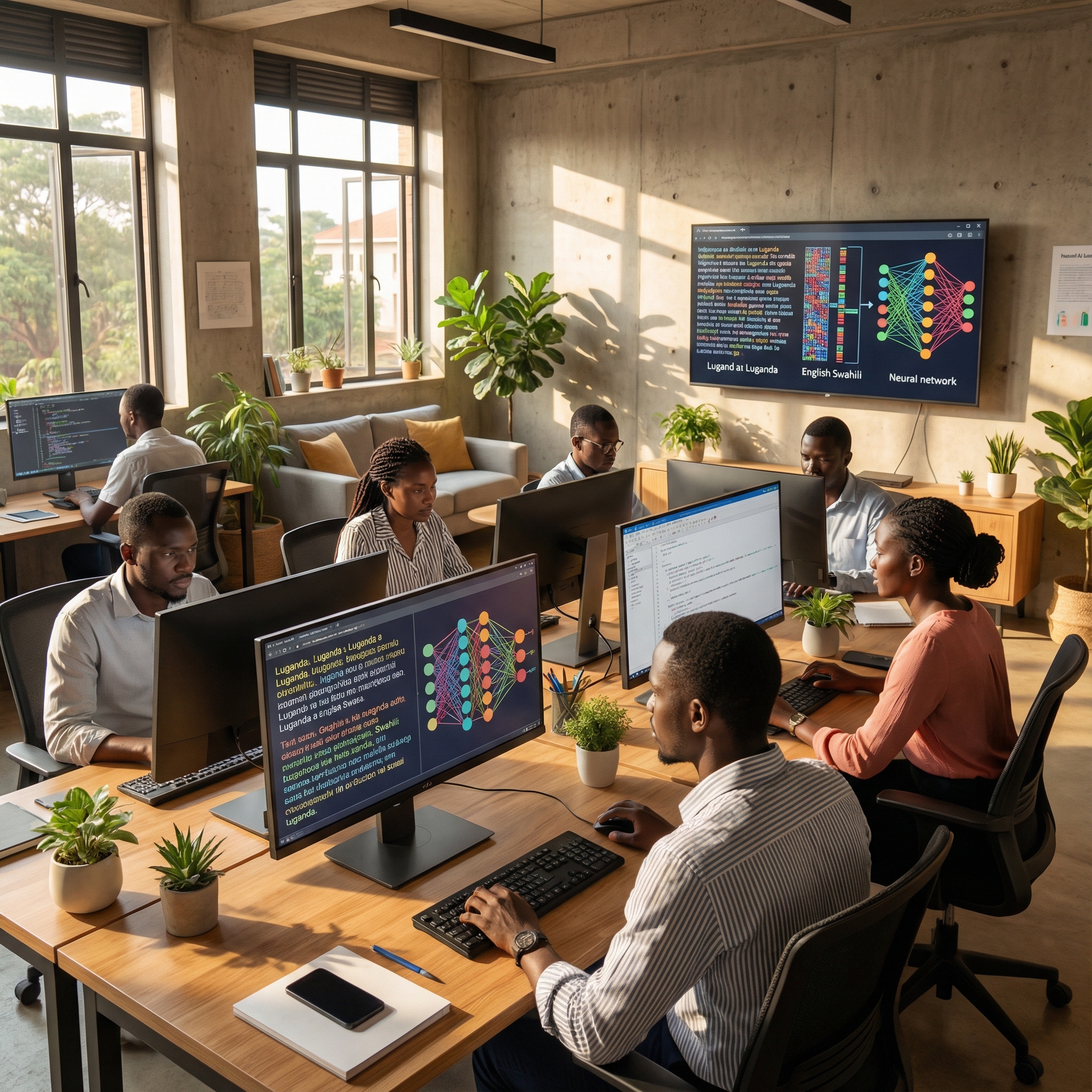 A modern AI research lab setting at Makerere University in Uganda, researchers working on screens showing language data patterns and neural network visualizations, warm lighting, high contrast, 1:1 aspect ratio, no text