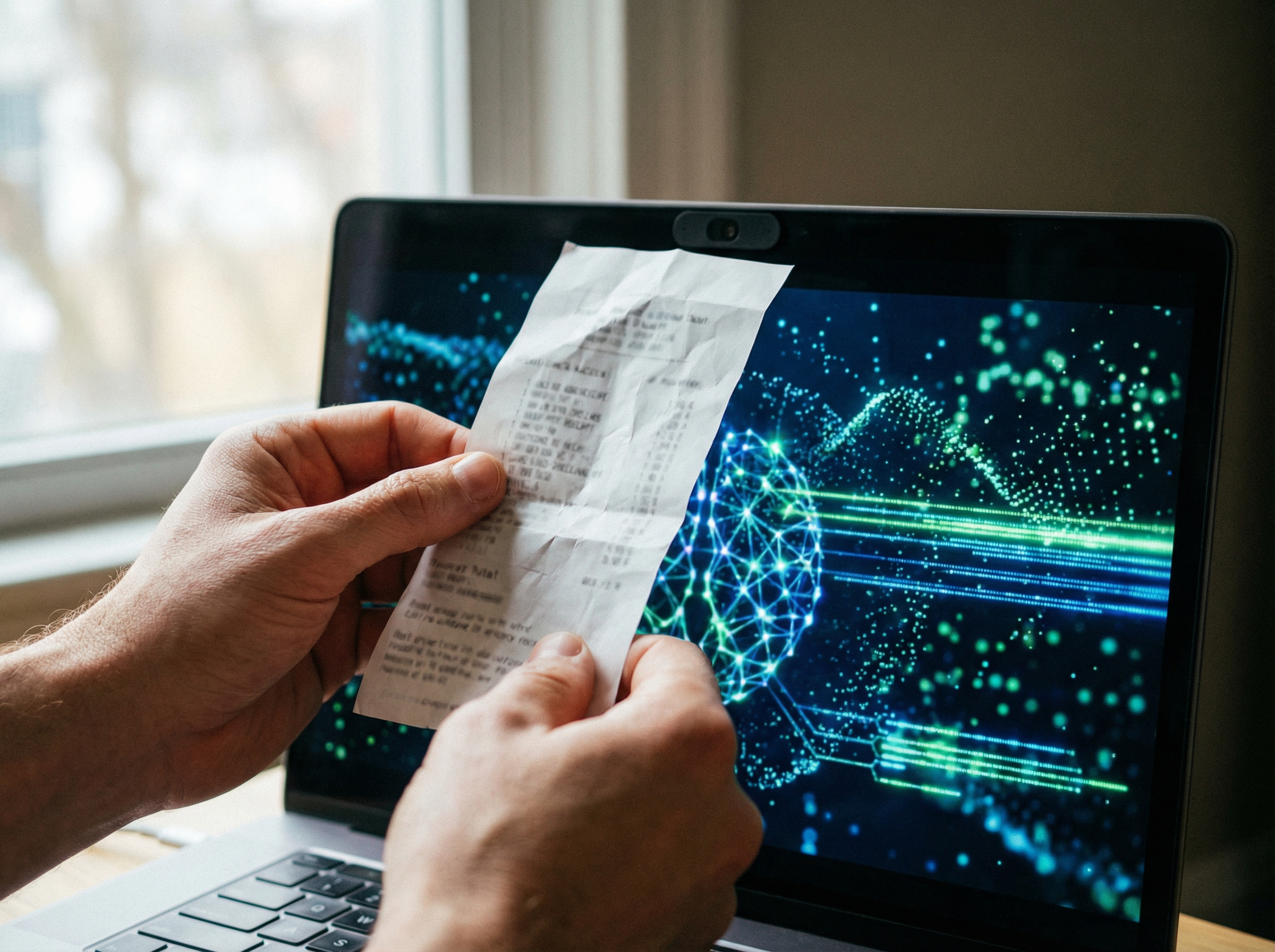 Close up of a person holding a grocery receipt near a laptop camera with AI processing visual effects soft natural lighting 4:3 aspect ratio no text