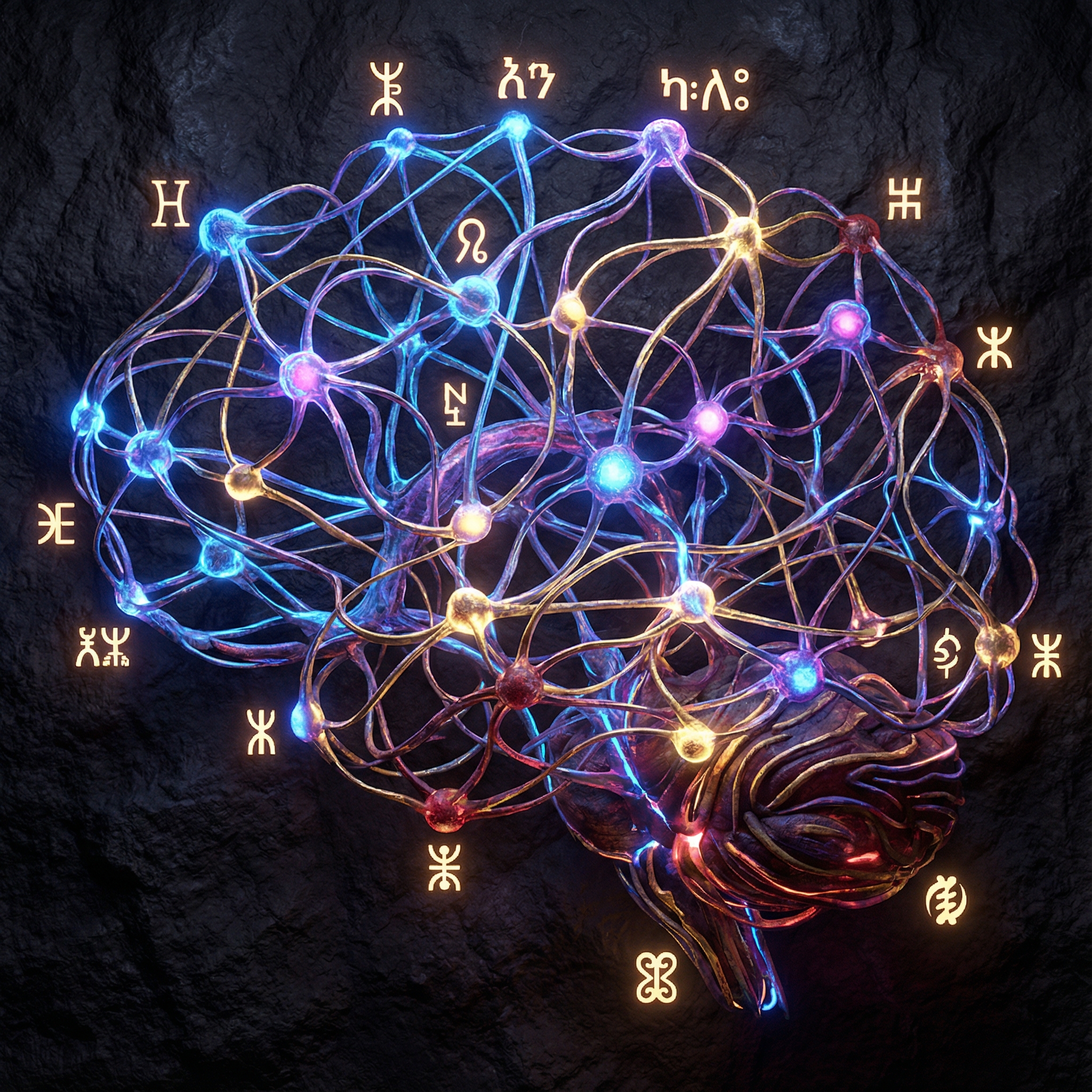 Intricate 3D visualization of a neural network with glowing nodes connecting various African language scripts and symbols, dark textured background, vibrant colors, artistic rendering, 1:1 aspect ratio, no text