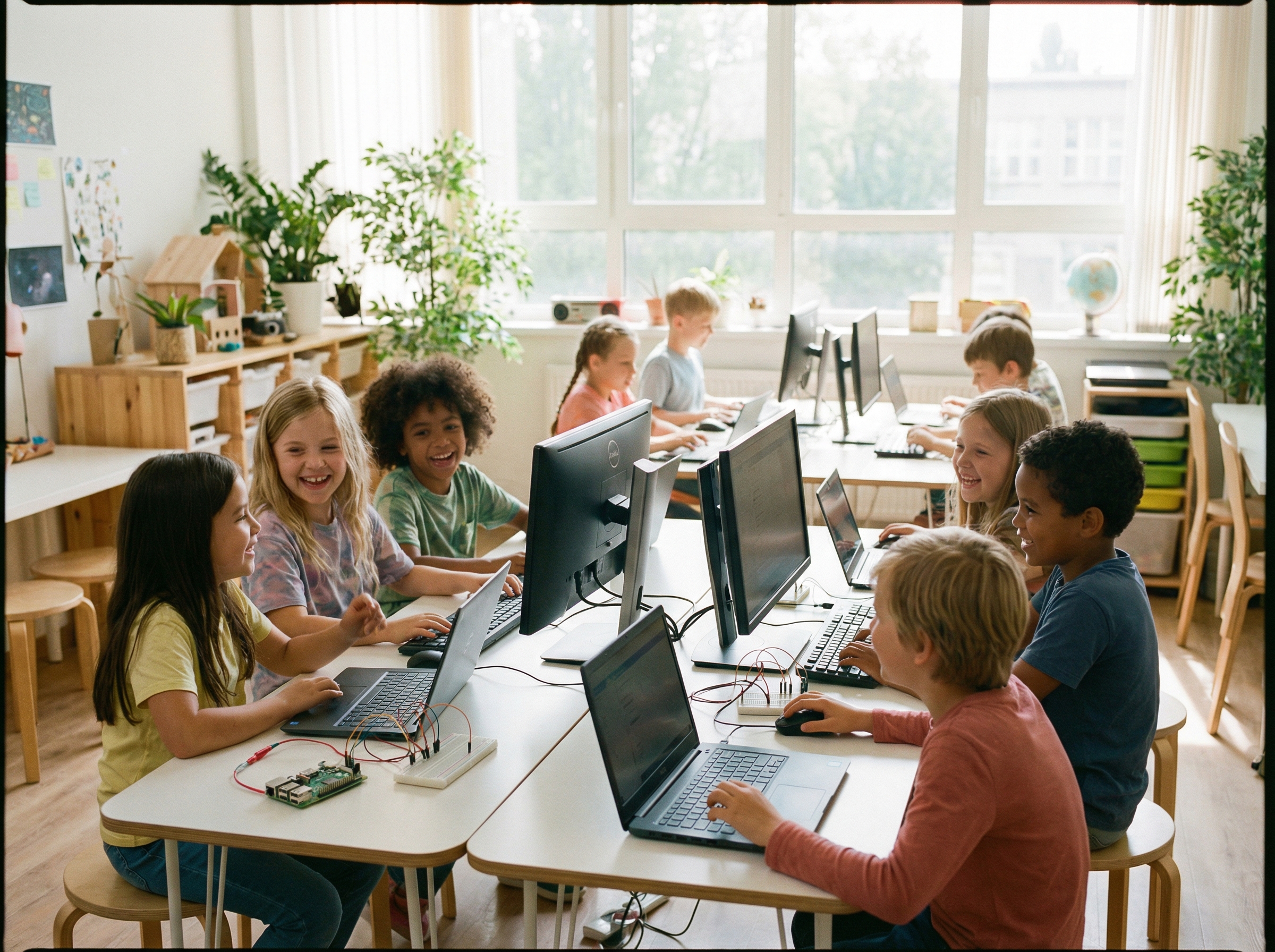 A diverse group of young children in a modern bright classroom enthusiastically using laptops and Raspberry Pi kits to learn coding and AI, soft natural lighting, high-quality photography, realistic style, 4:3 aspect ratio, no visible text