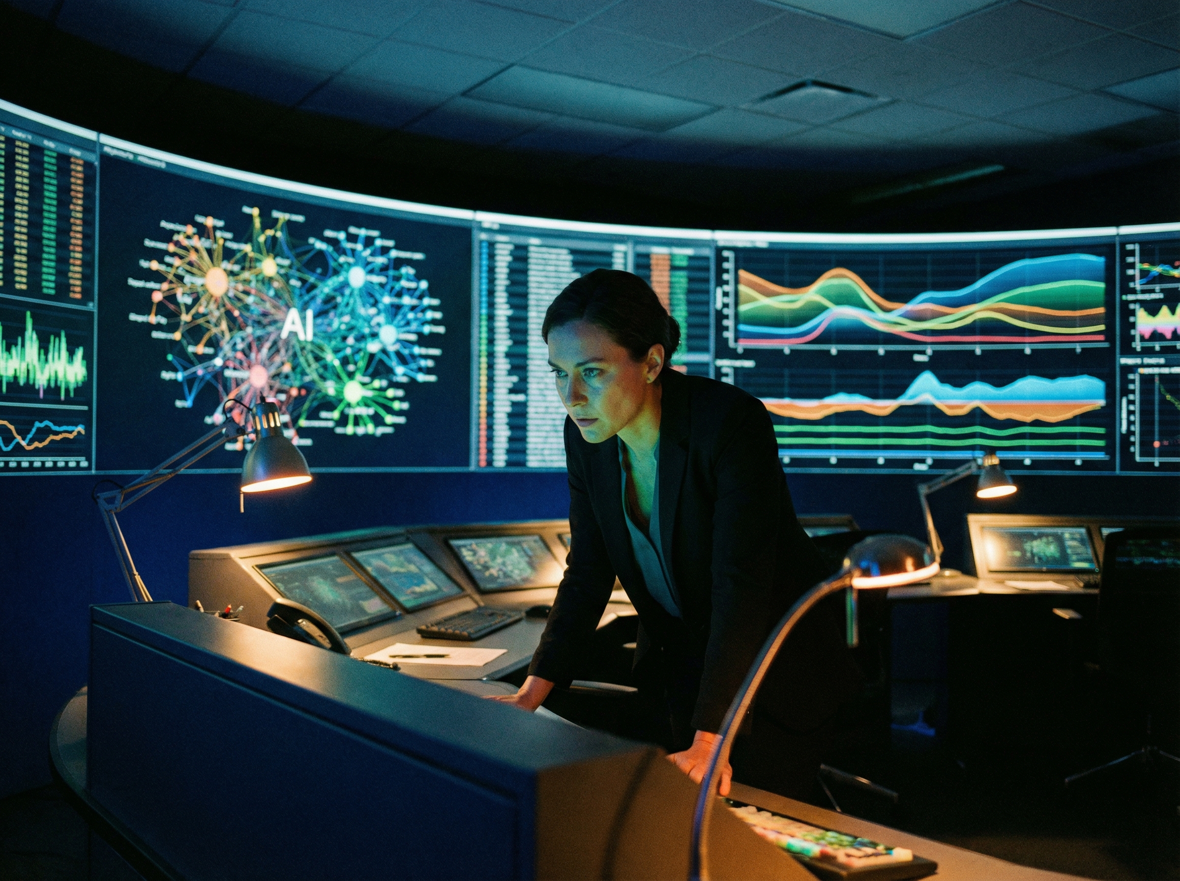 A professional in a high-tech control room environment monitoring complex AI data visualizations on large screens, realistic cinematic lighting, focused expression, 4:3 aspect ratio, no text