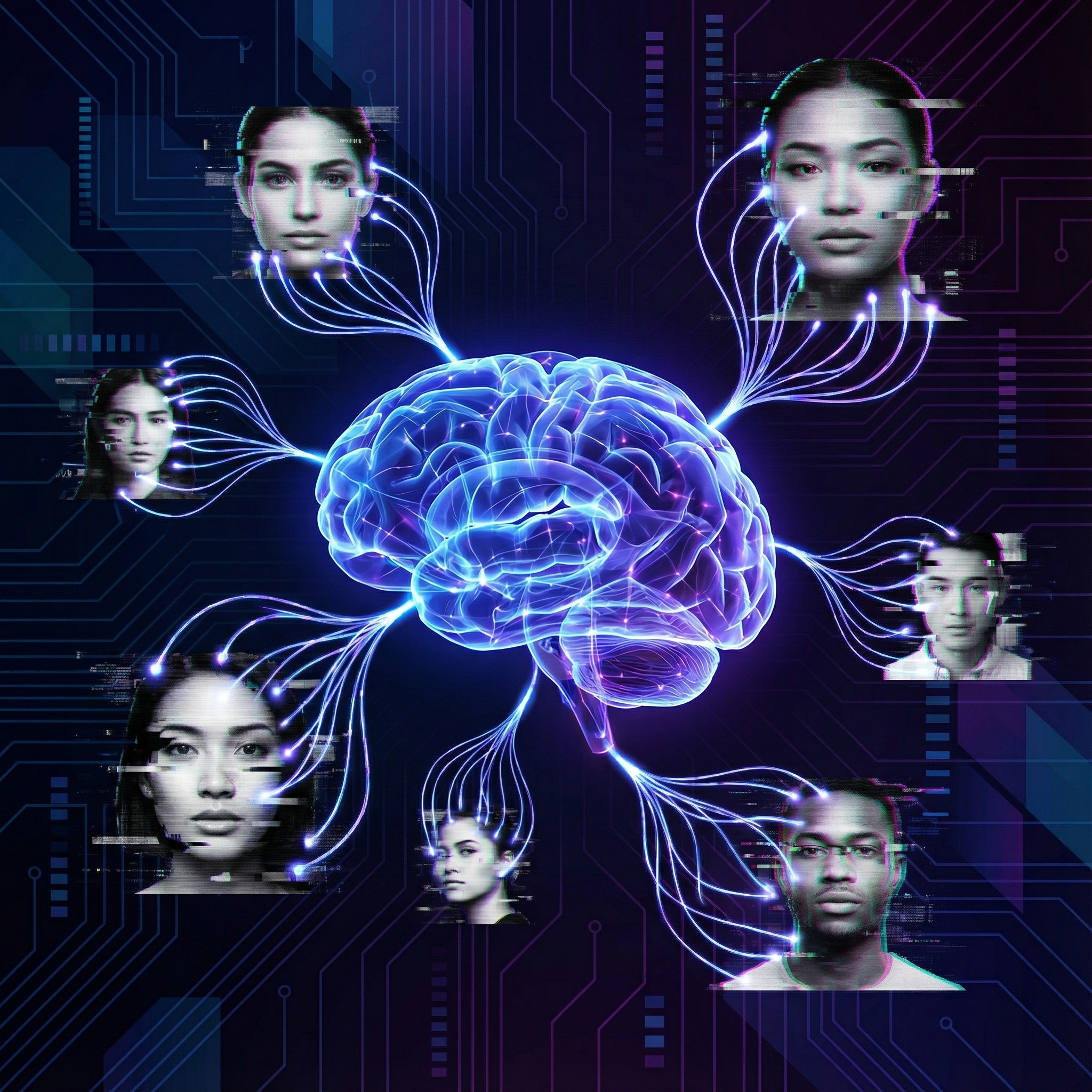 A modern and high-contrast digital illustration showing a glowing AI brain connected to distorted human portraits. The background is a dark, tech-inspired gradient. No text visible. Aspect ratio 1:1.