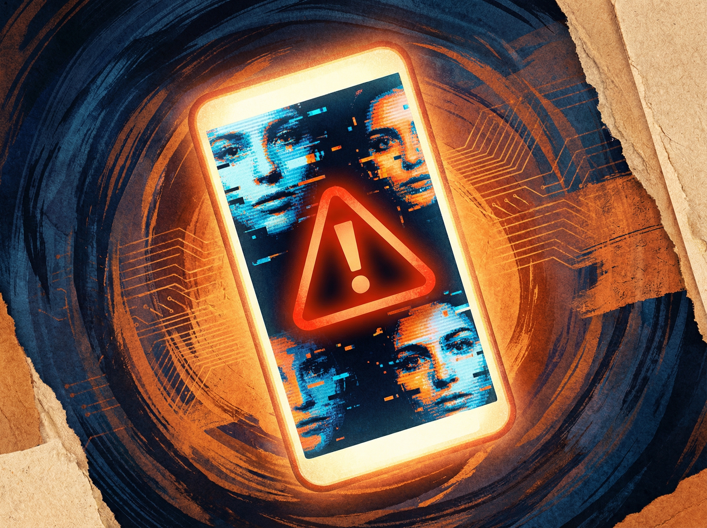 A conceptual illustration of a smartphone screen displaying distorted digital faces and a warning icon. Warm lighting with a dark blue and orange textured background. No text visible. Aspect ratio 4:3.