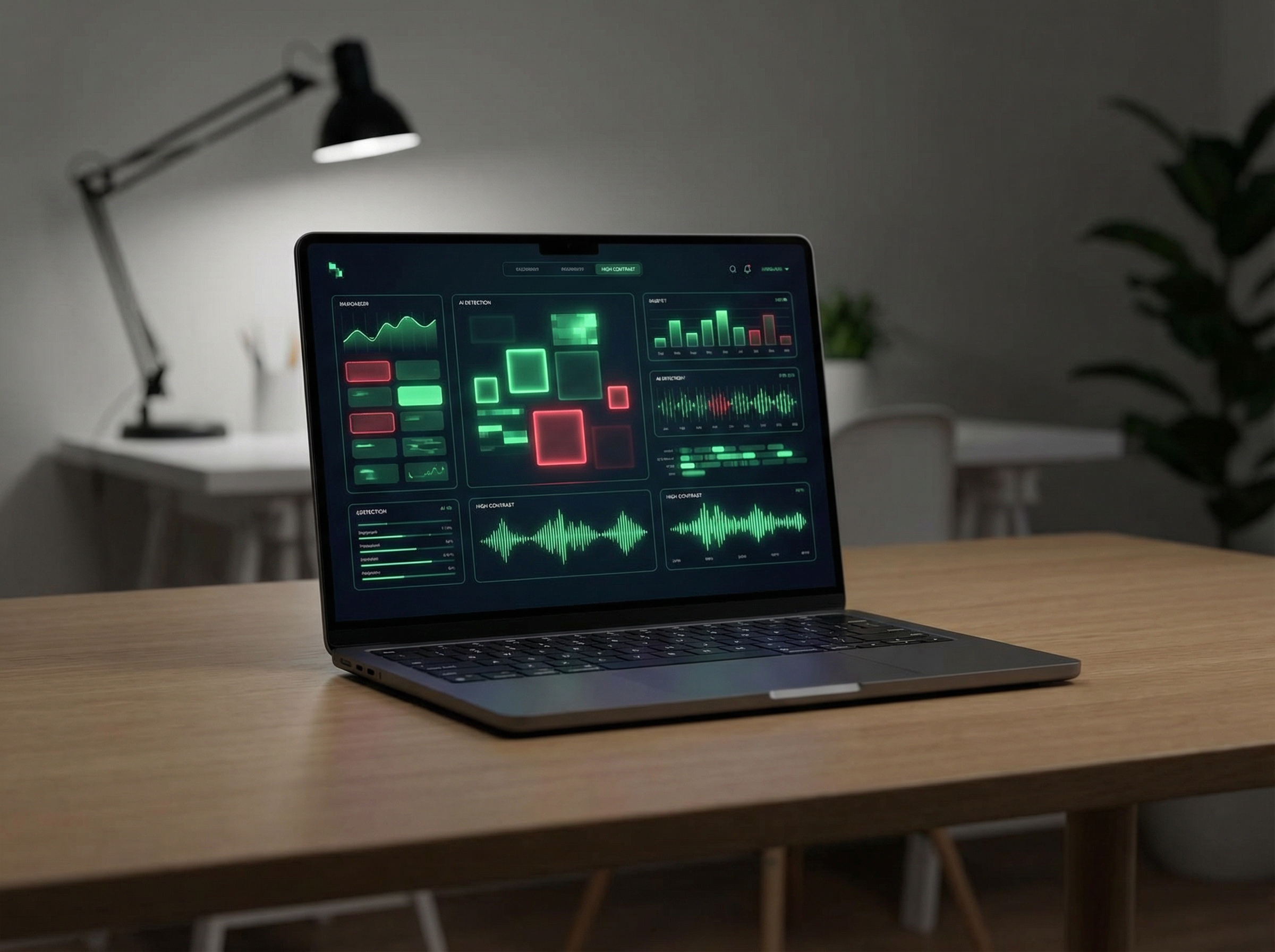 A laptop screen showing a digital analysis interface with green and red indicators for AI detection, high contrast, clean workspace background, 4:3, no text