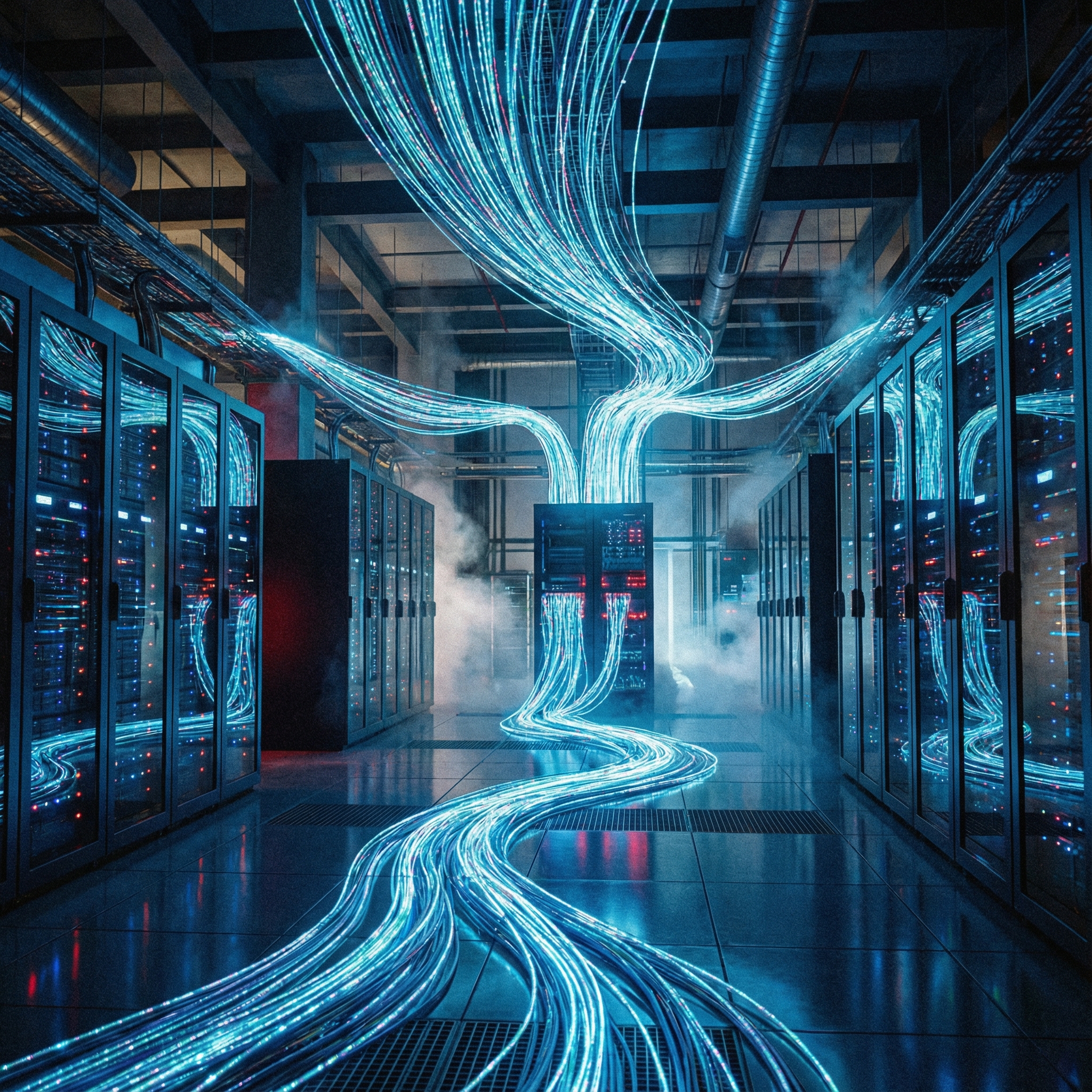 A high-tech data center interior with rows of servers and glowing fiber optic cables, symbolizing the high demand for storage, cinematic lighting, 1:1 aspect ratio, no text.