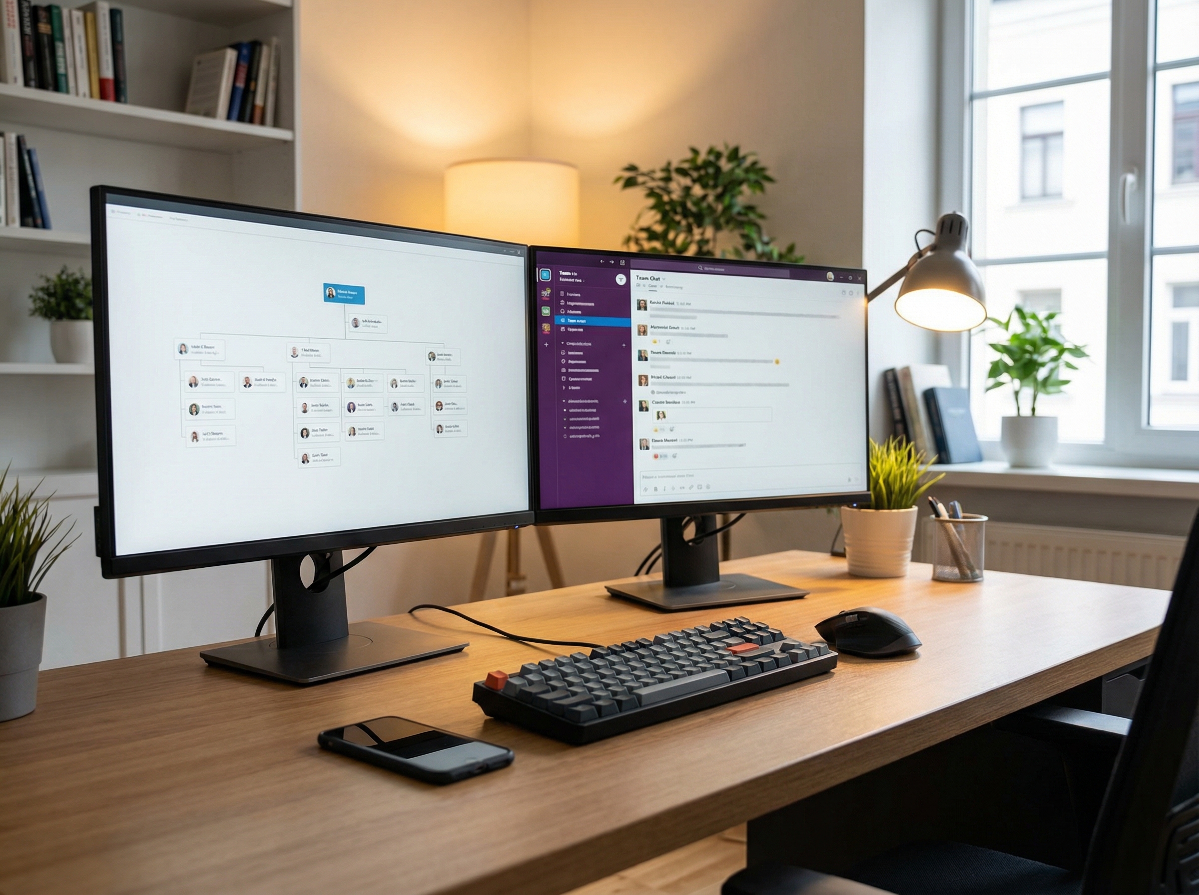 A professional workspace with a dual monitor setup showing organizational charts and a chat interface. A smartphone is resting next to the keyboard. Balanced warm indoor lighting, realistic office setting, high resolution, 4:3 aspect ratio, no text.