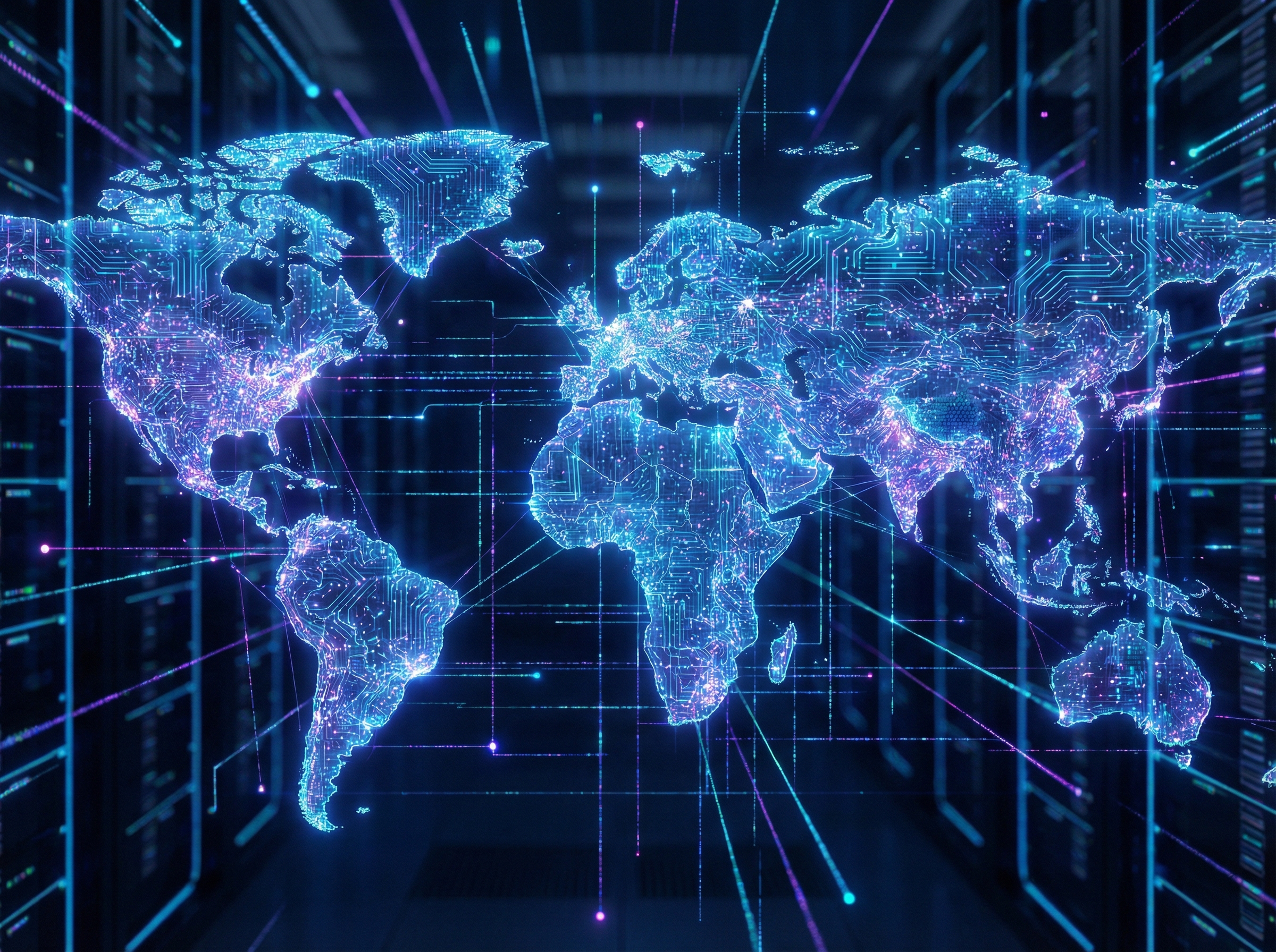 Digital world map with glowing nodes and data lines representing global AI infrastructure, high-tech aesthetic, vibrant blue and purple colors, 4:3 aspect ratio, no text.
