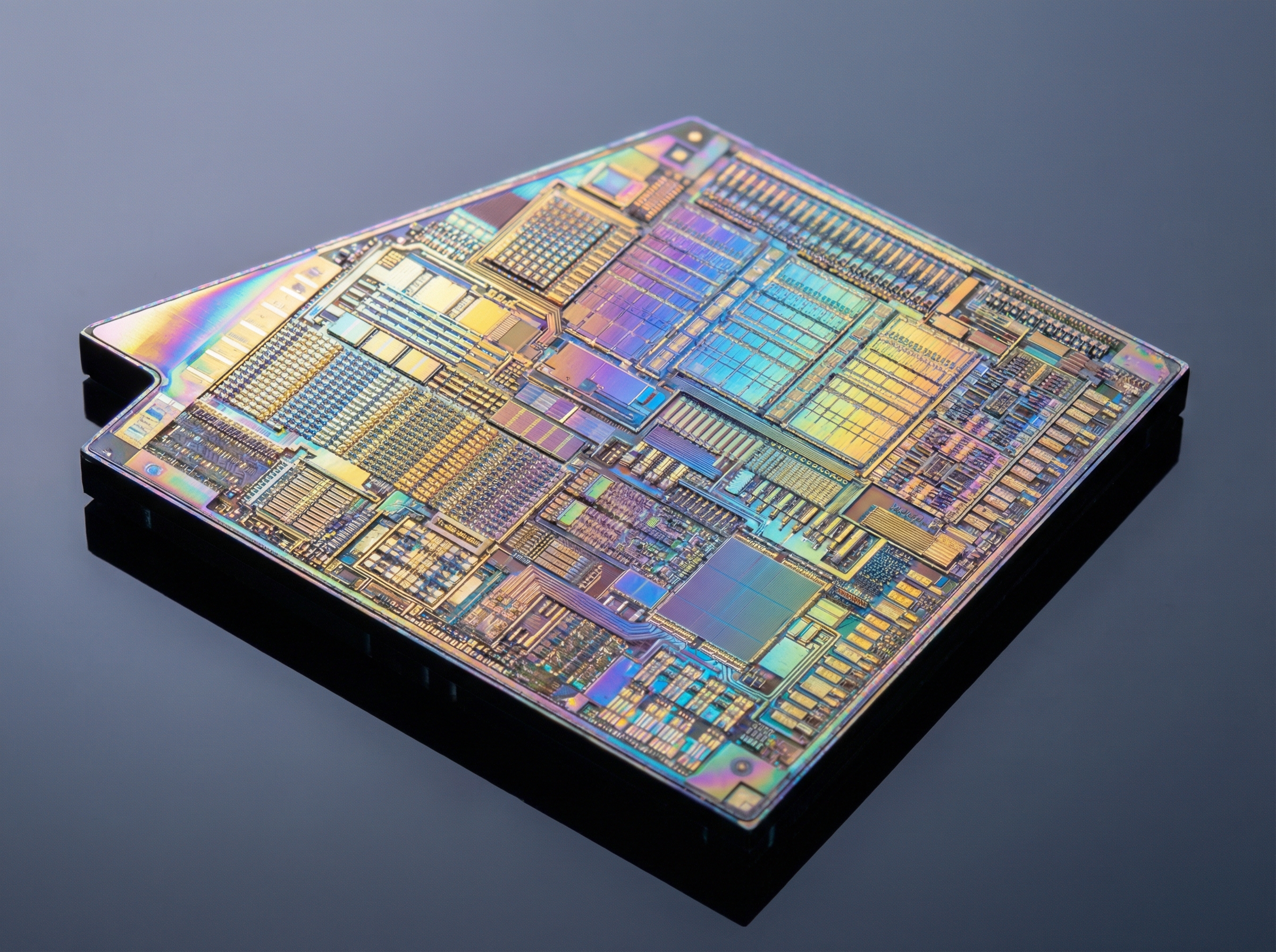 Close-up of a futuristic semiconductor die with intricate patterns, iridescent metallic surface, high-end technology product shot, 4:3 aspect ratio, no text.