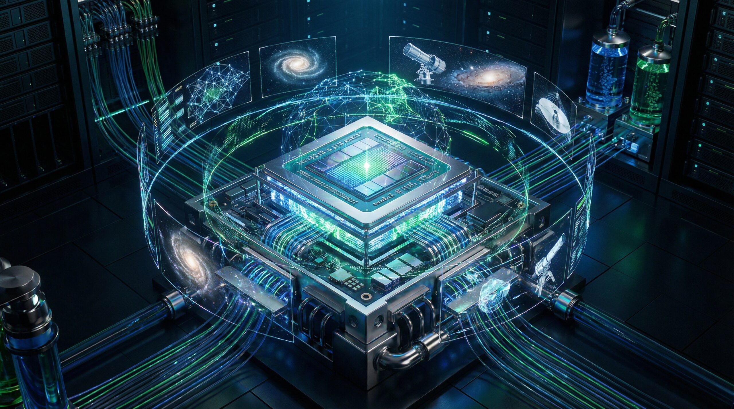 A futuristic and high-tech visualization of the Nvidia Vera Rubin AI computing platform. The central focus is on a glowing, intricate AI GPU chip surrounded by data streams and holographic interfaces in shades of deep blue, green, and metallic silver. Professional 3D render, high contrast, cinematic lighting, 16:9 aspect ratio, no text.