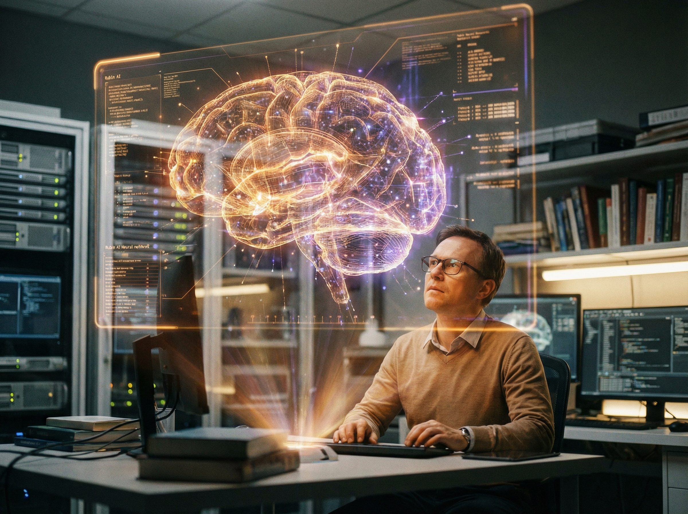 A cinematic image showing a human scientist looking at a large holographic display showing complex AI neural network training processes powered by the Rubin architecture. Warm ambient lighting, professional workspace, shallow depth of field, 4:3 aspect ratio, no text.