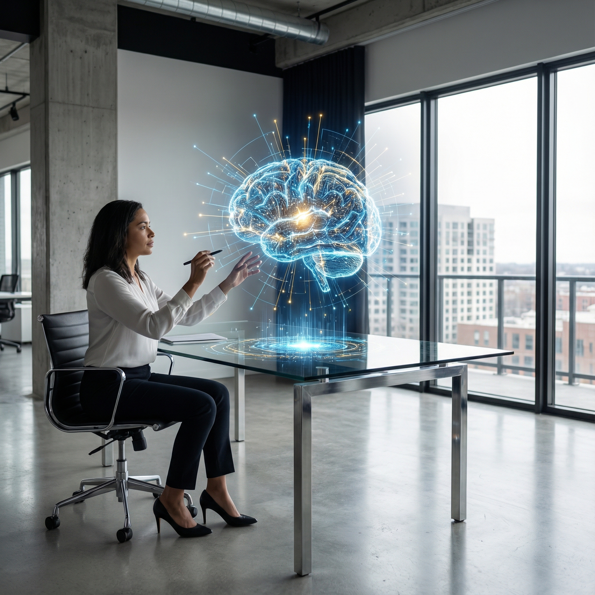A professional person collaborating with a glowing digital AI brain interface in a modern high-tech workspace, clean aesthetic, high contrast, no text, 1:1