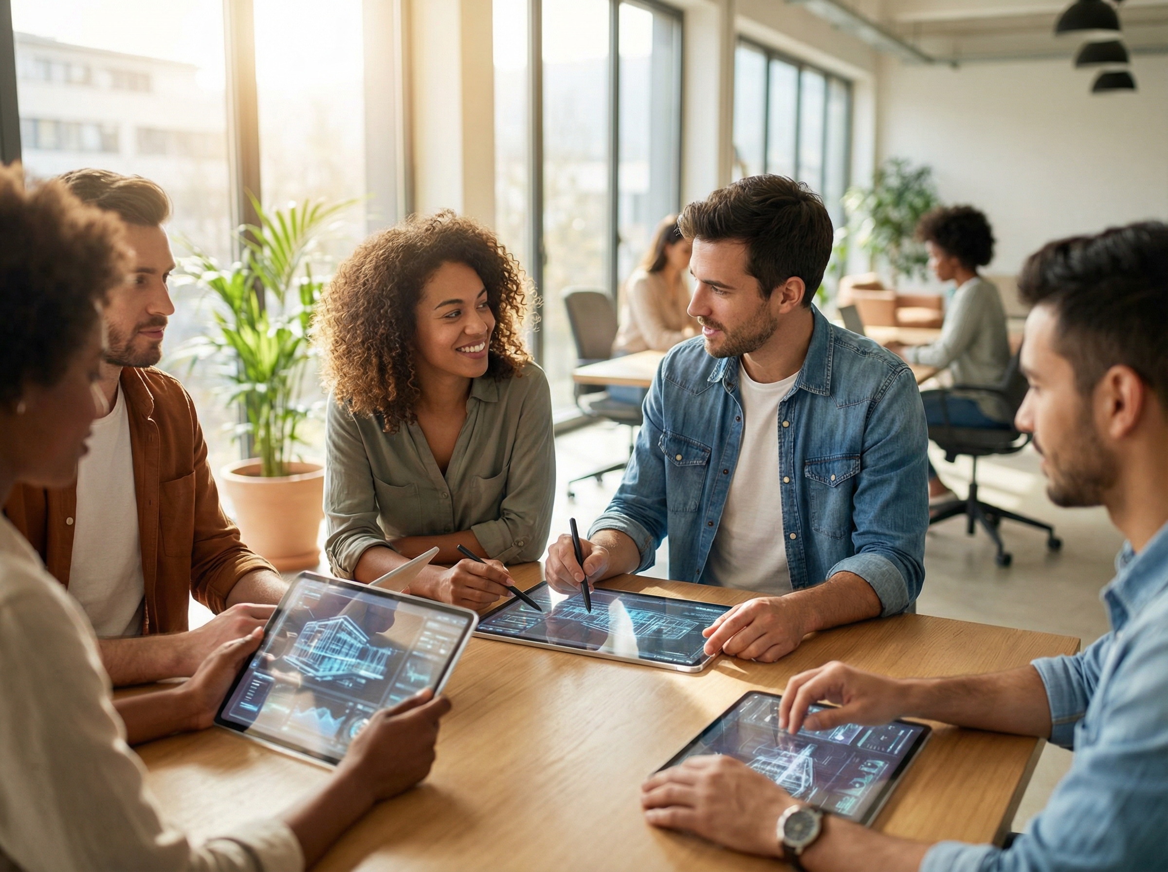A diverse group of young professionals in a sunlit modern office using advanced AI tablets to create complex designs, natural lighting, lifestyle photography, no text, 4:3