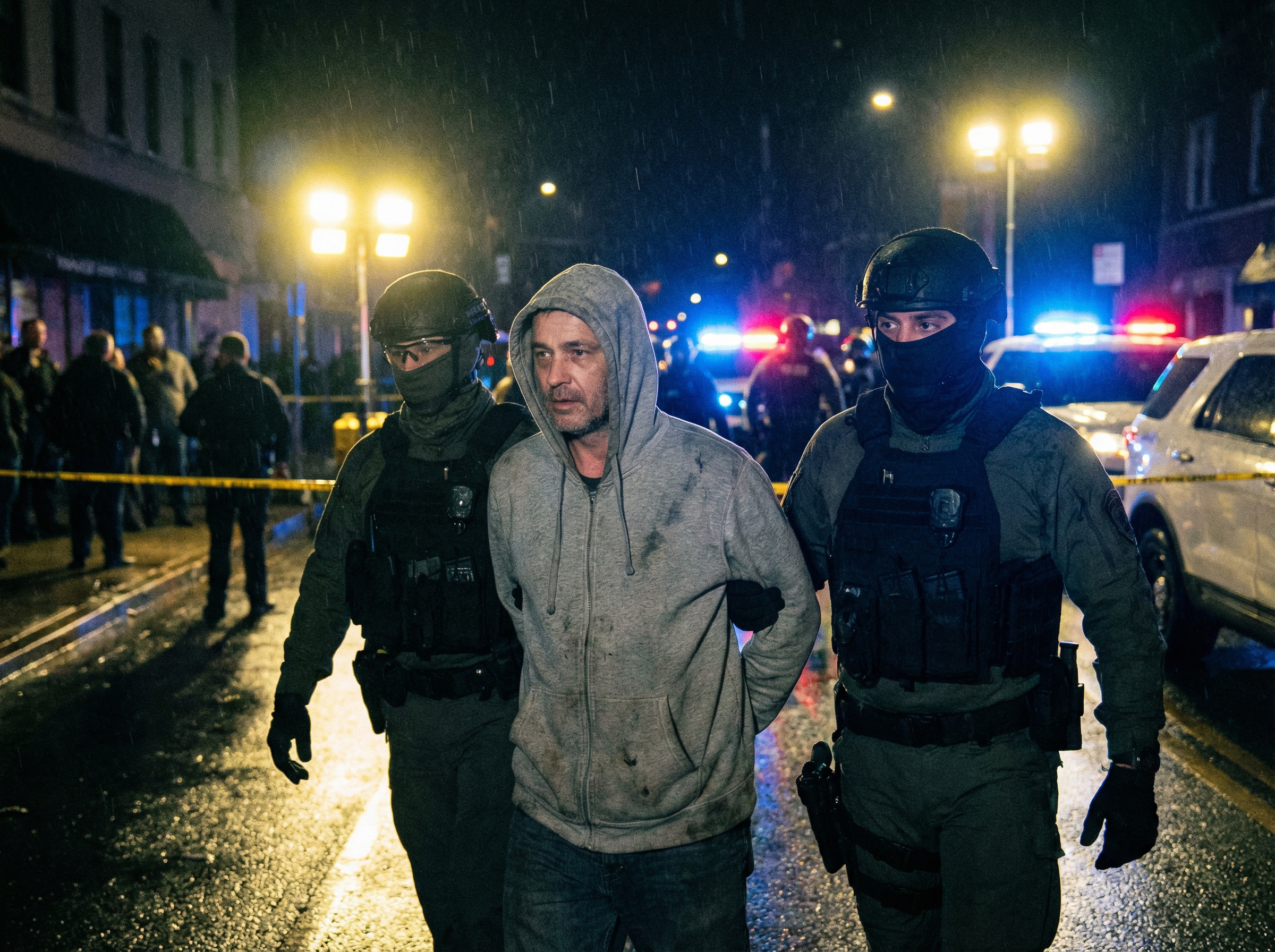 A realistic photo of a man in a grey sweatshirt being escorted by officials in tactical gear at night under heavy spotlights, cinematic atmosphere, high detail, grainy texture like a news leak, 4:3 aspect ratio, no text