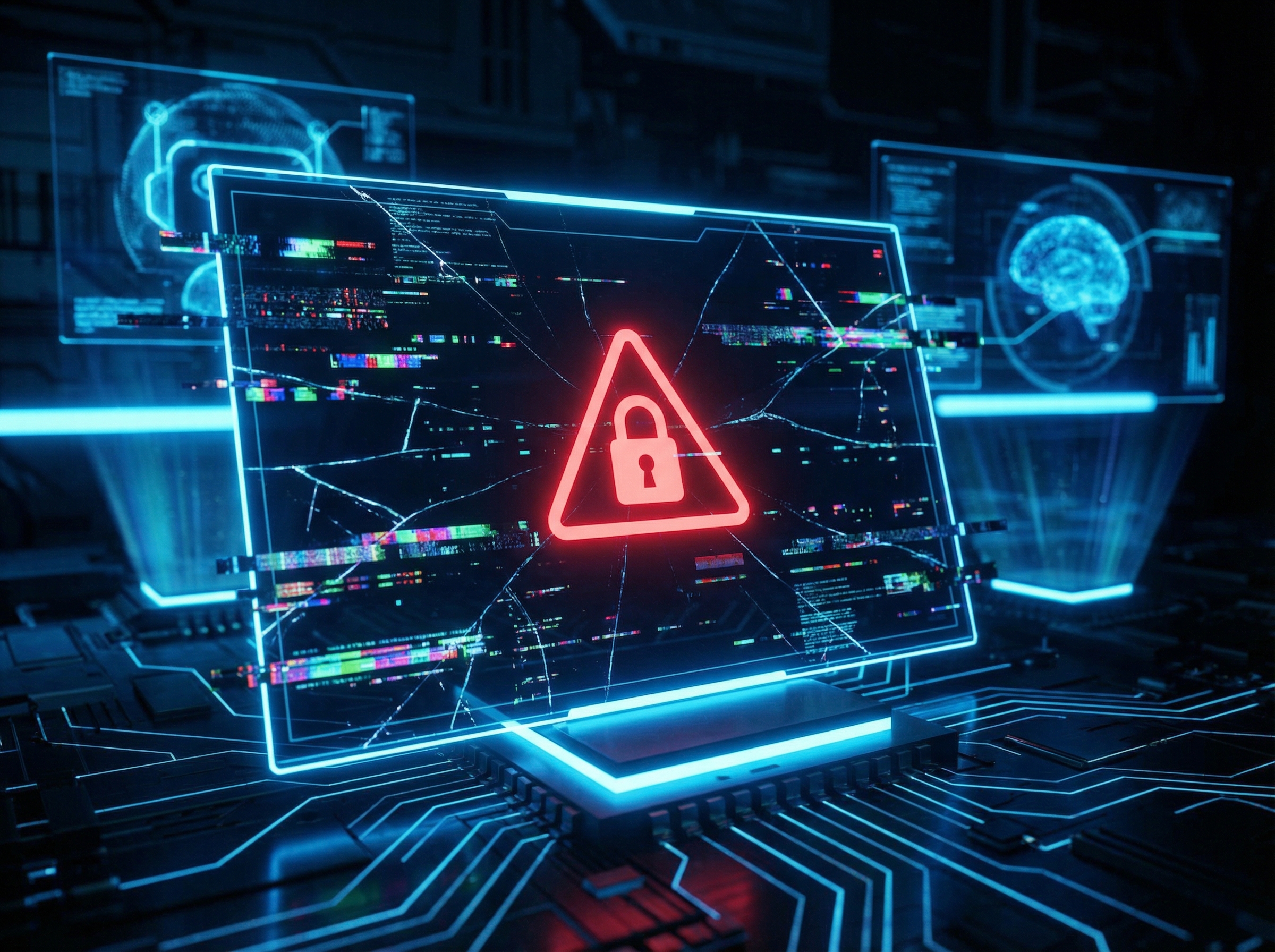 A conceptual illustration of a futuristic AI chatbot interface showing a digital glitch effect, with a red warning sign and a lock symbol, set against a dark tech-inspired background with neon blue accents, cinematic lighting, 4:3 aspect ratio, no text.