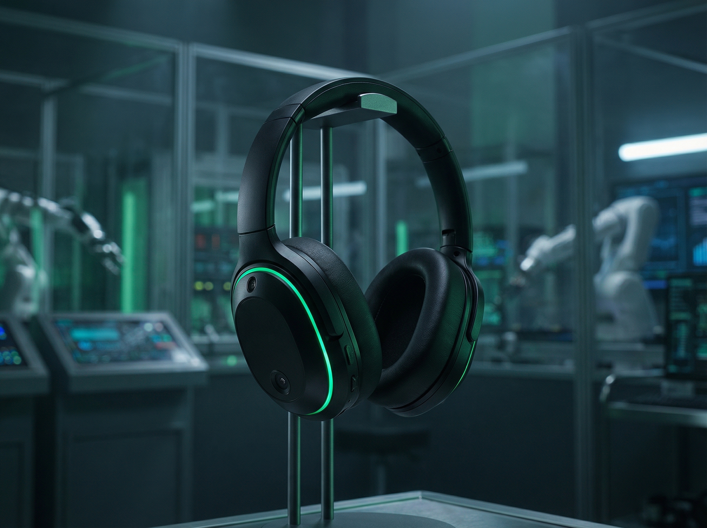 A high-tech black wireless over-ear headset with subtle built-in camera lenses on the ear cups, glowing green accents in a futuristic laboratory setting, 4:3, cinematic lighting, no text