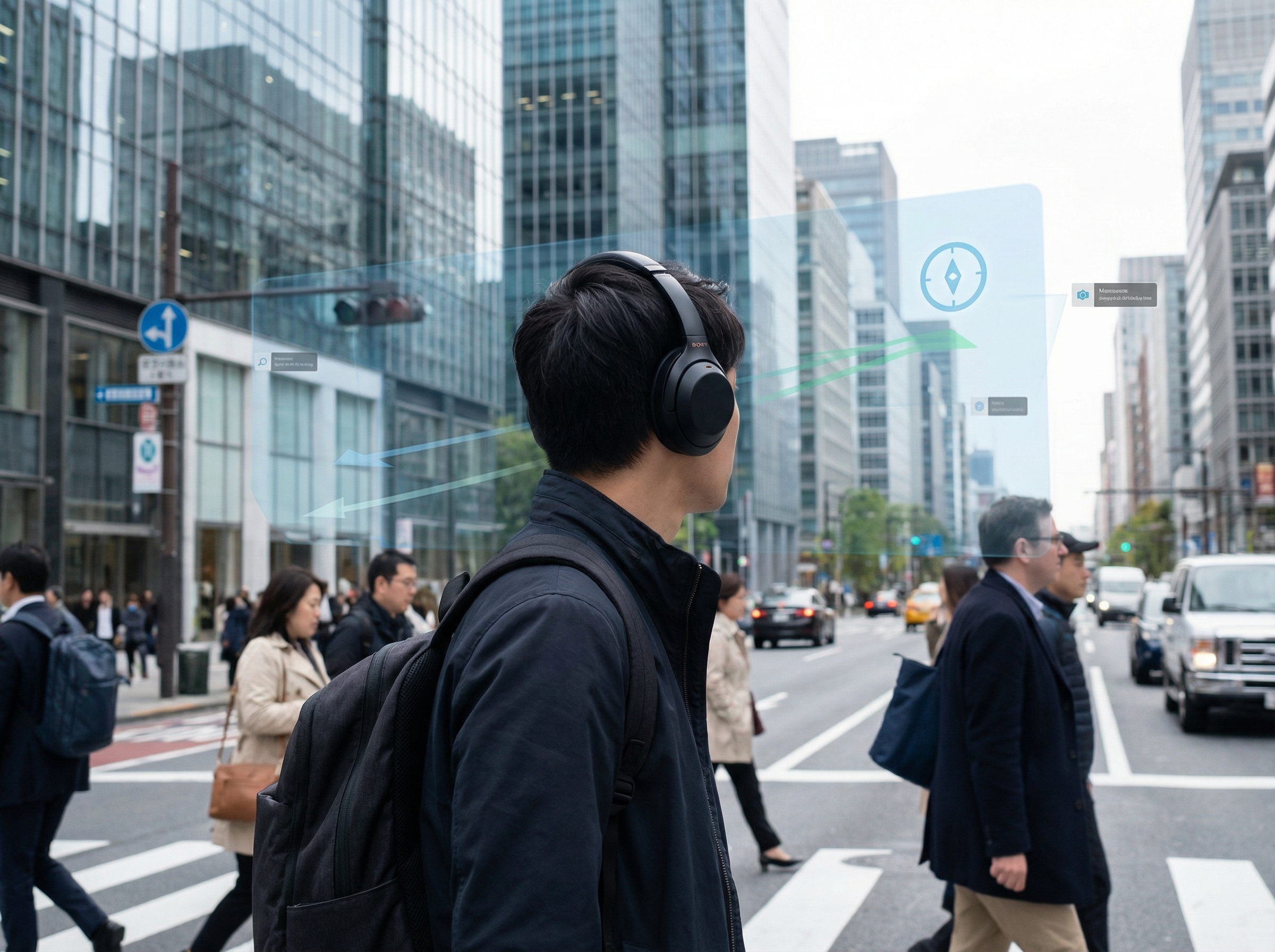 A person wearing stylish black headphones walking through a busy modern city, subtle digital data overlays showing navigation and object recognition, daytime natural lighting, 4:3, no text