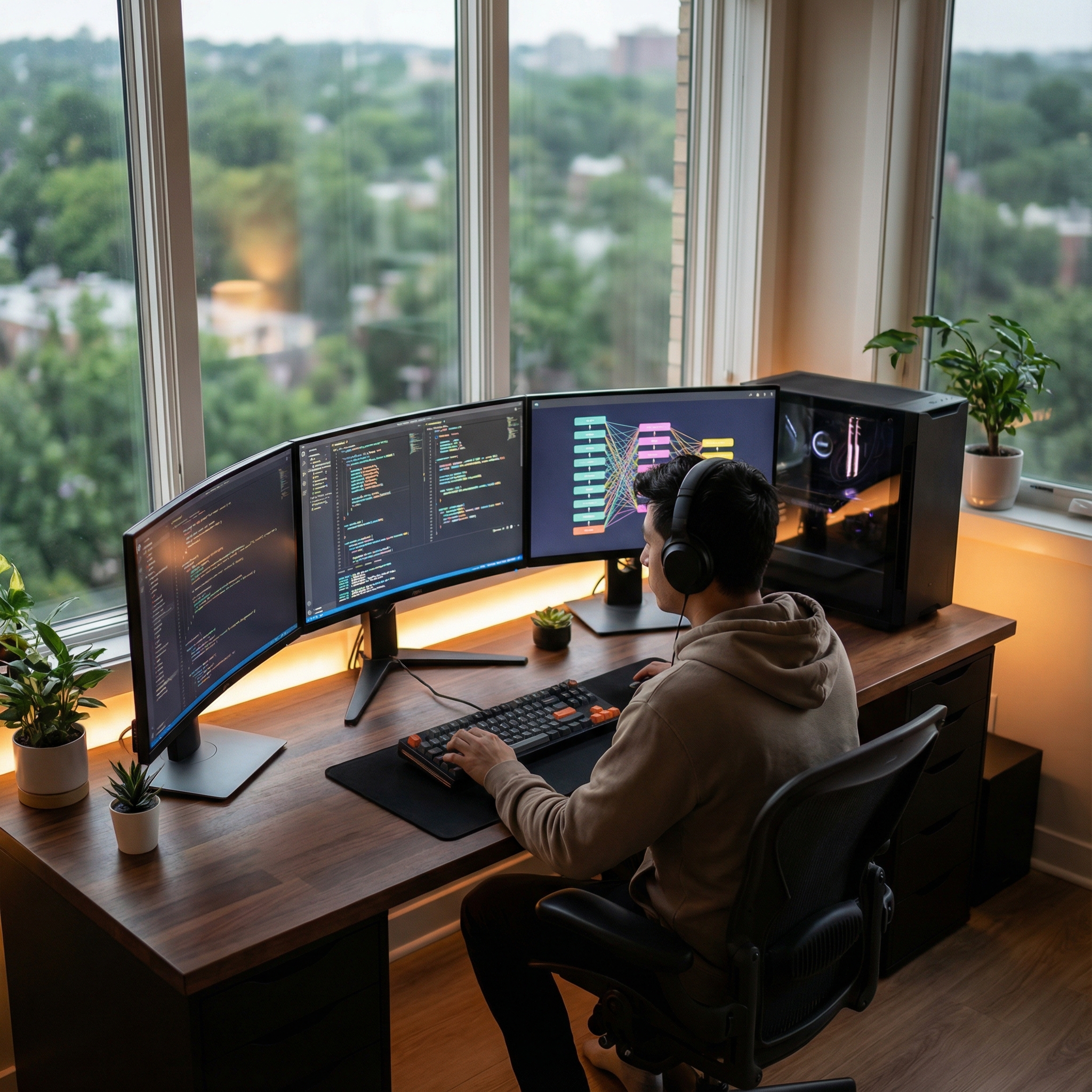 A professional developer working in a modern minimalist workspace with high-end hardware, multiple monitors showing code and neural network visualizations, cozy atmosphere, 1:1 aspect ratio, no visible text