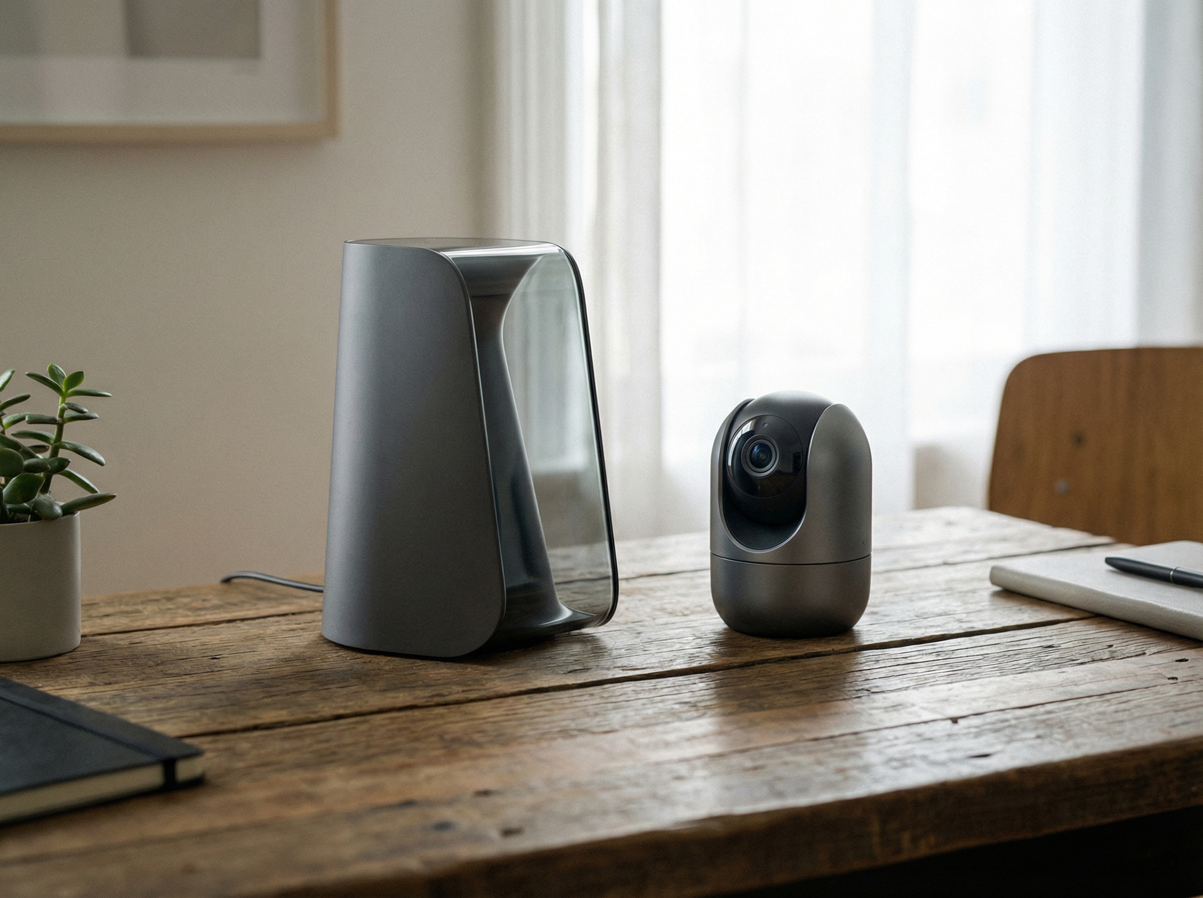 A sleek and modern home security AI hub device sitting on a wooden desk next to a high-tech security camera, soft natural lighting, high-quality product photography, 4:3 aspect ratio, no text