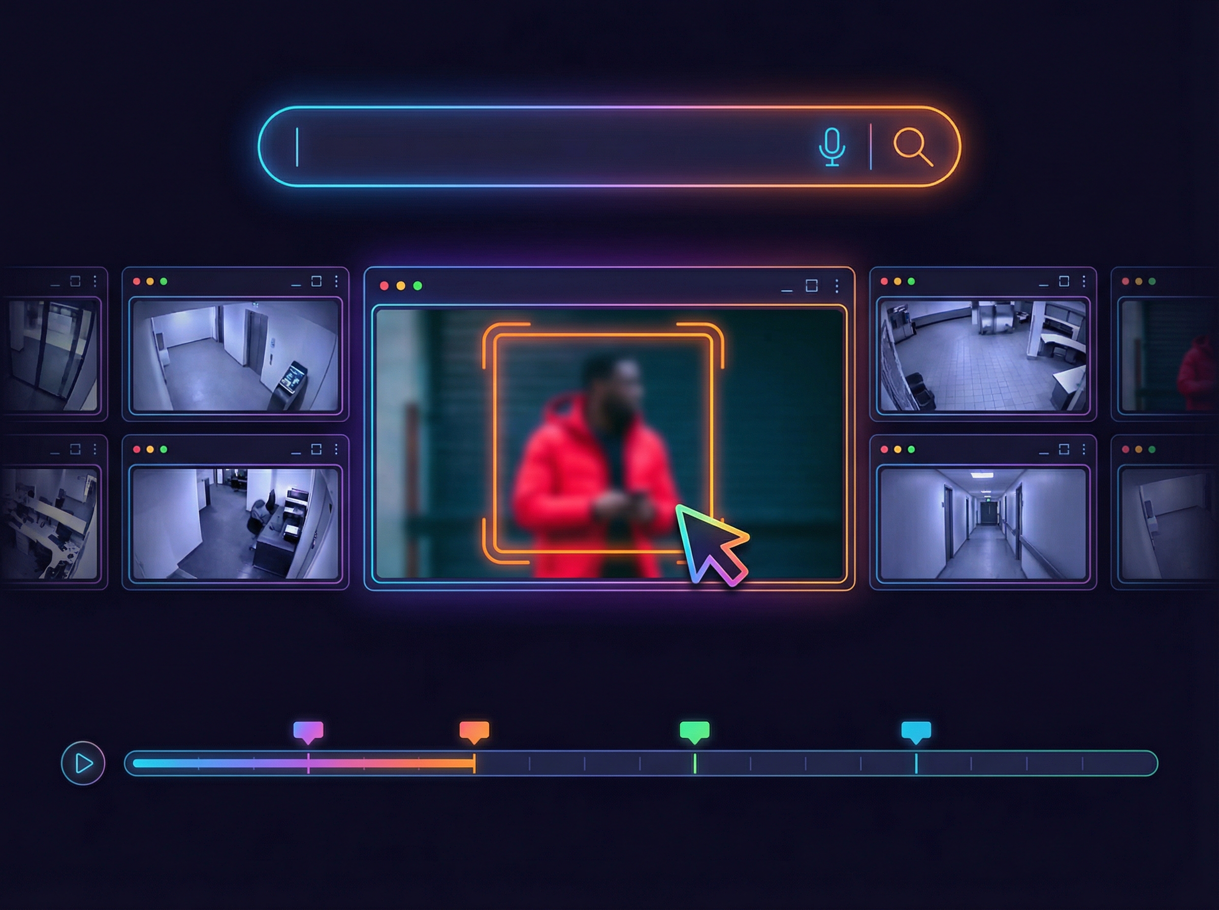 A clean infographic showing a security interface with natural language search bar, "search person in red jacket" concept, modern UI design, vibrant colors, high contrast, 4:3 aspect ratio, no text