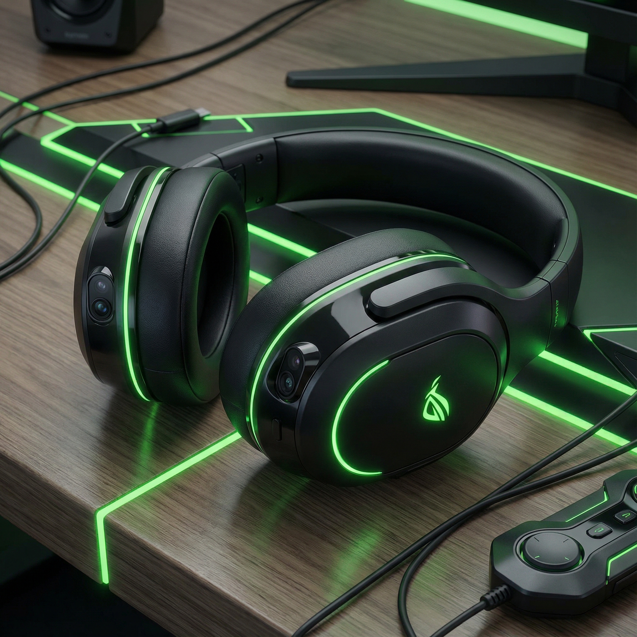A sleek pair of futuristic black over-ear headphones with two integrated small 4K camera lenses on the earcups, sitting on a modern wooden desk with neon green accents, cinematic lighting, 1:1 aspect ratio, high resolution, no text.