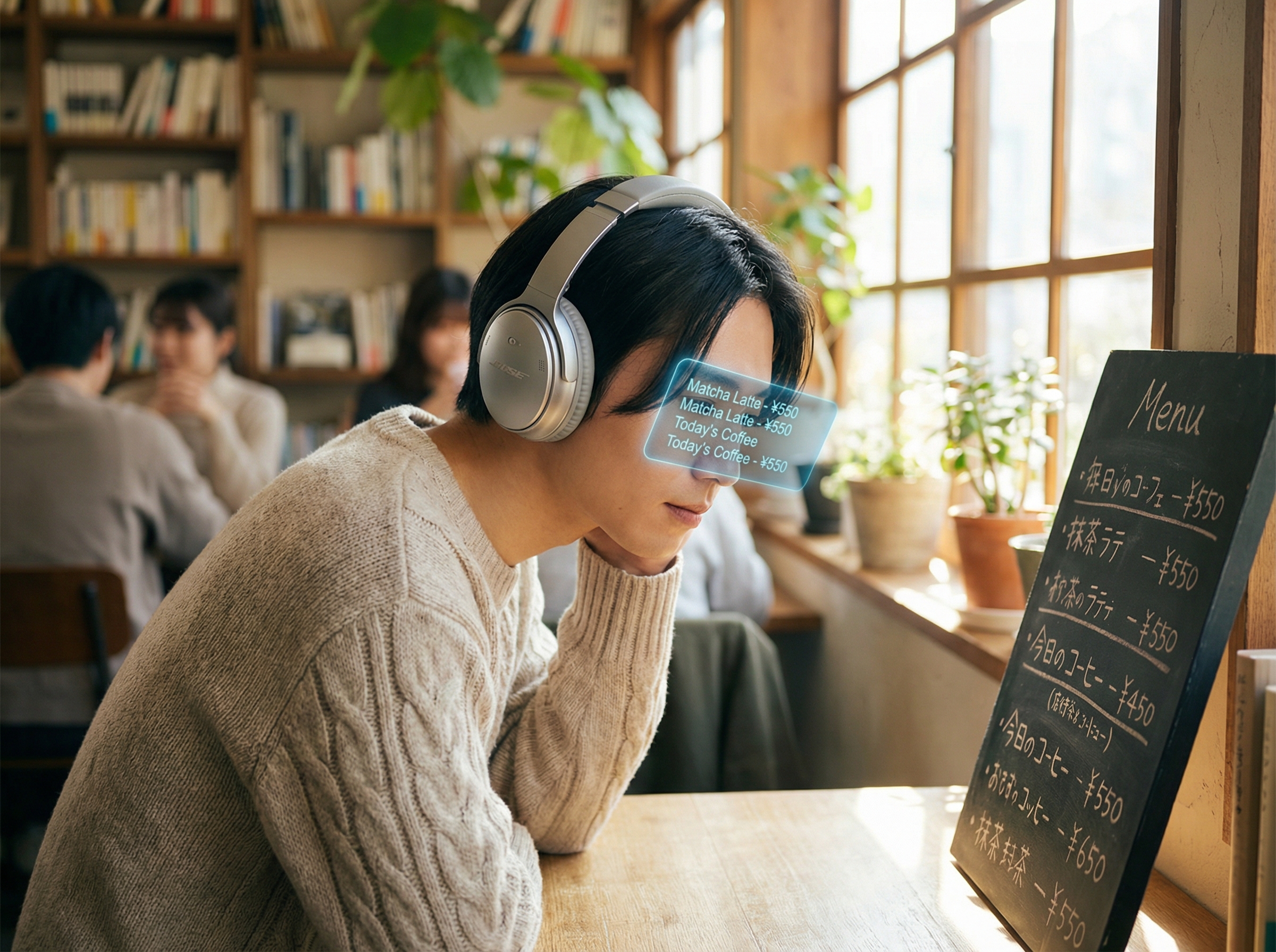 A person wearing high-tech headphones looking at a cafe menu written in Japanese characters, a small digital overlay appearing in front of them suggesting a translation, cozy cafe background, lifestyle photography, 4:3 aspect ratio, natural lighting, no text.