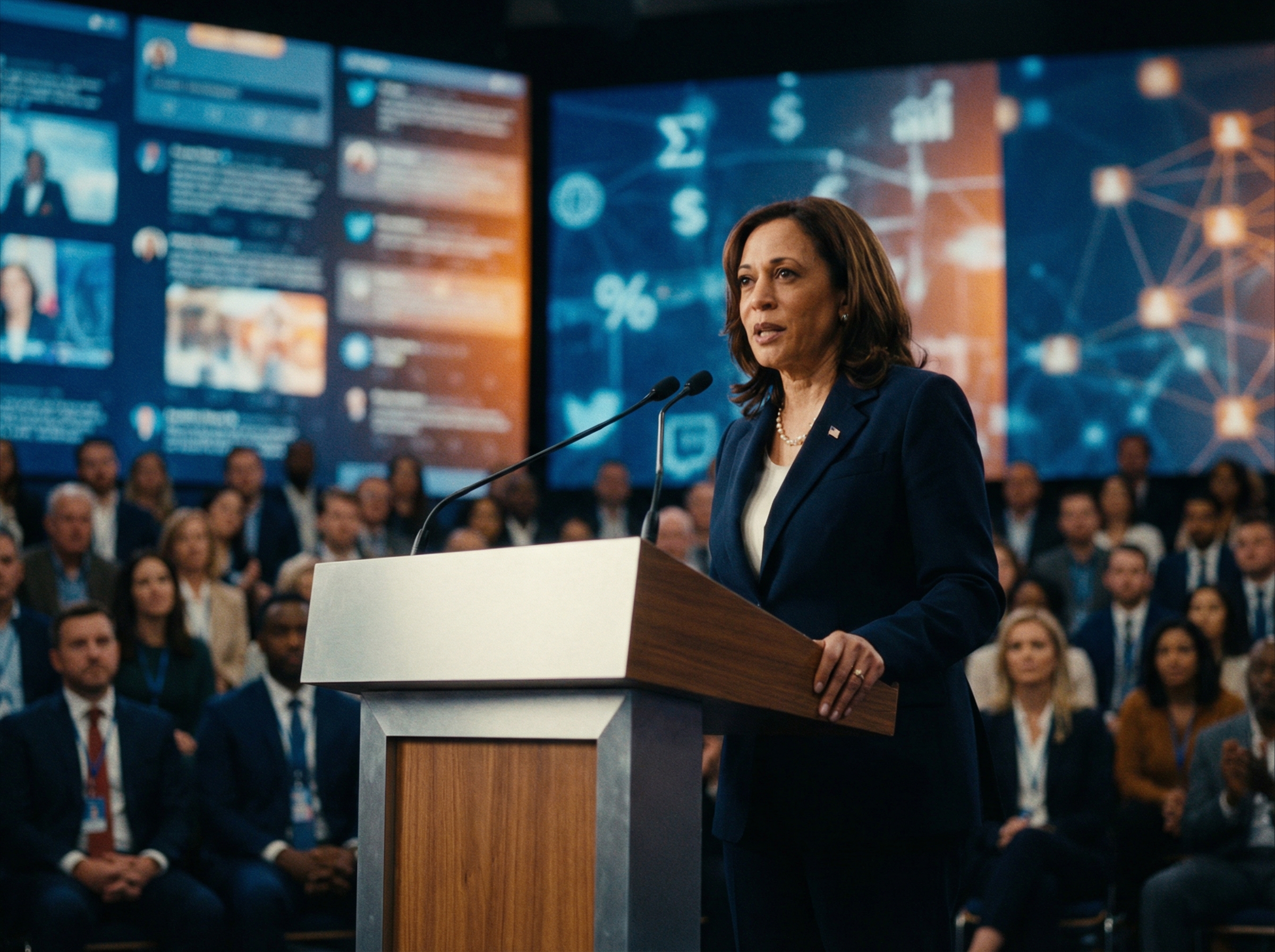 A professional cinematic shot of a female politician standing at a modern podium, speaking firmly to a crowd. Screens in the background show blurred social media interfaces and data symbols. Warm professional lighting, focus on her determined expression. 4:3 aspect ratio, no visible text.