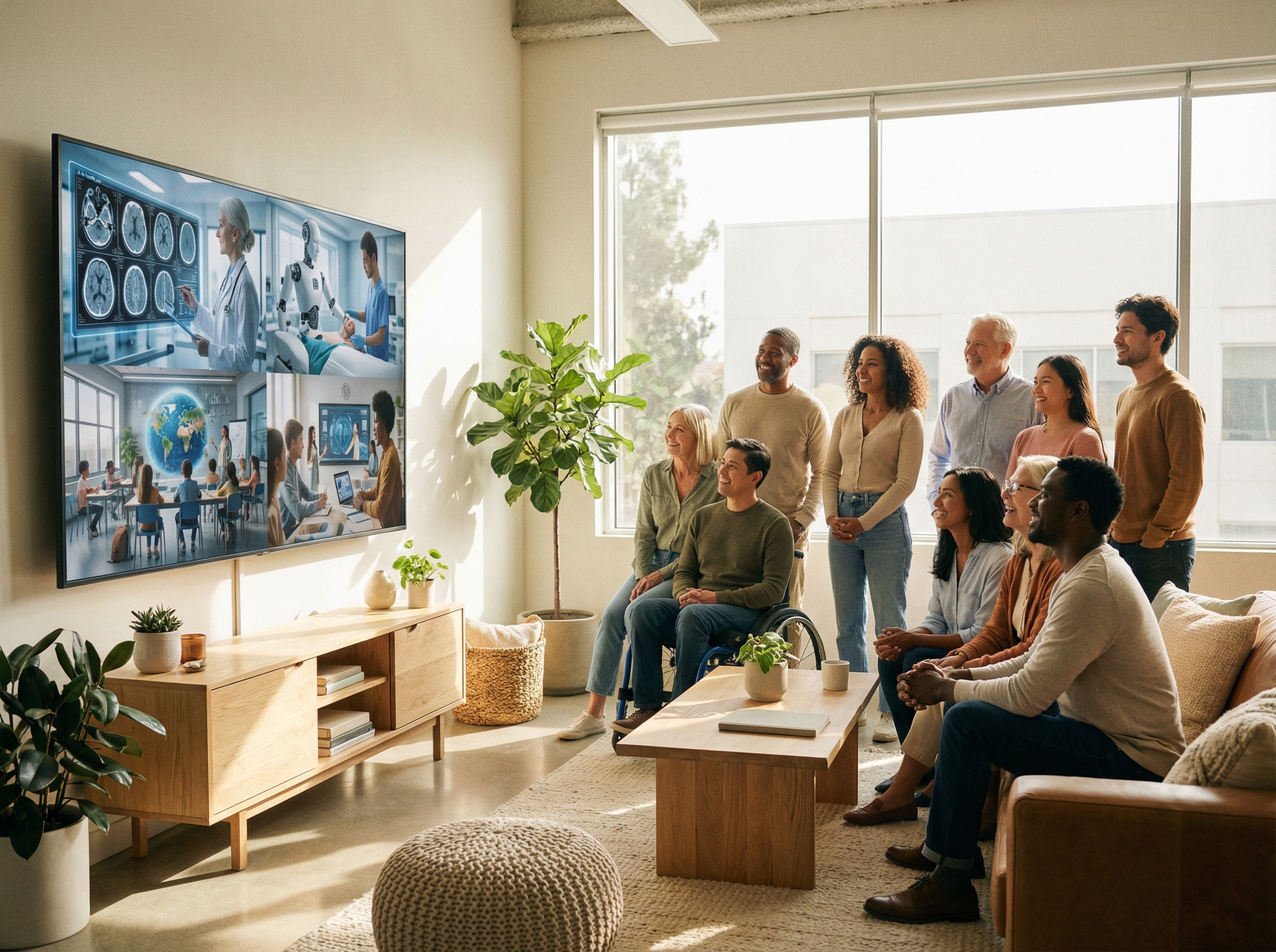 A lifestyle photography of a diverse group of people in a bright, modern office looking at a large screen displaying positive AI applications like healthcare and education. Soft sunlight, natural setting, warm and hopeful atmosphere. 4:3 aspect ratio, no visible text.