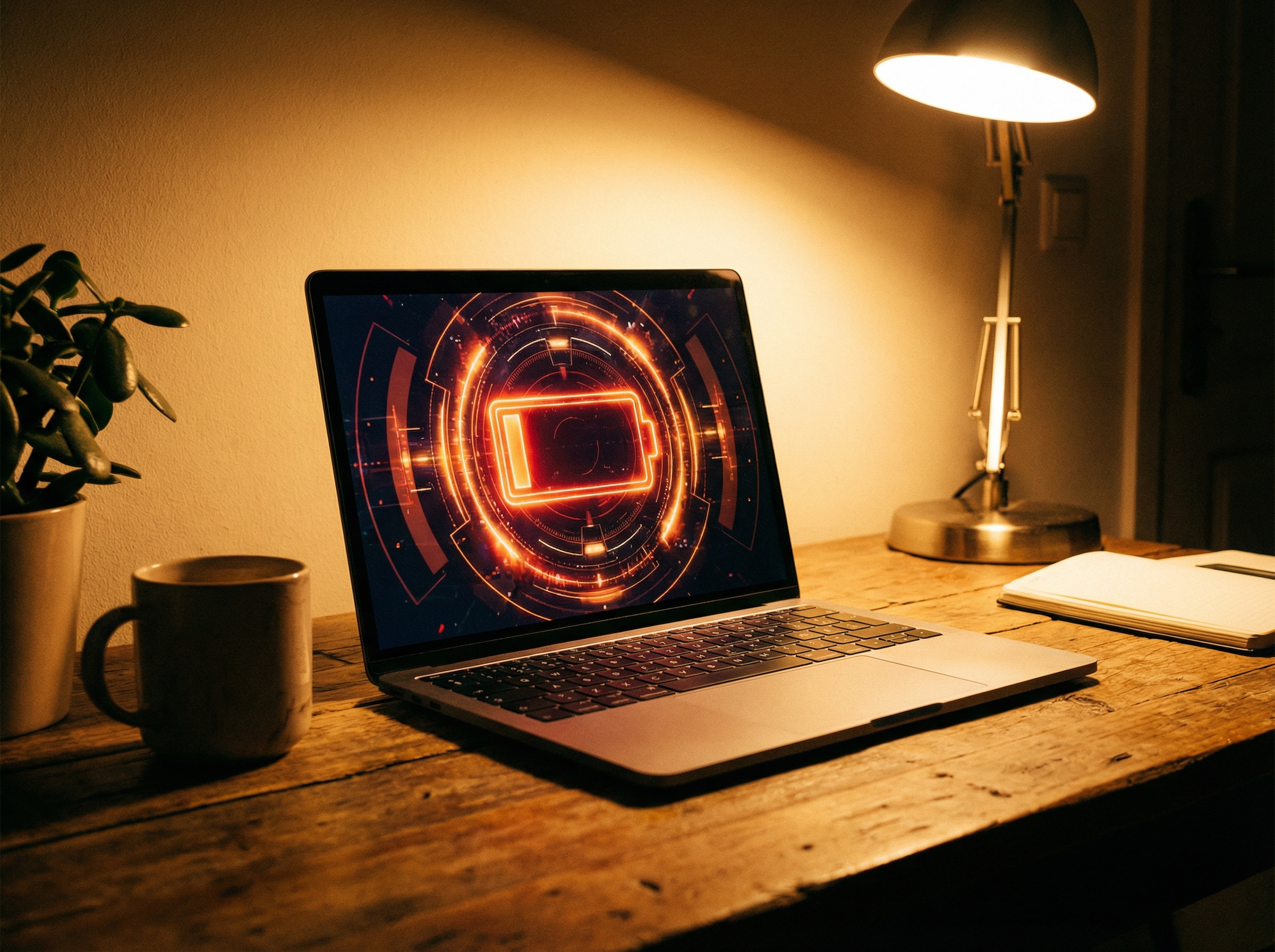 A modern laptop on a wooden desk showing a glowing low battery symbol in a futuristic interface, warm cinematic lighting, no text, 4:3