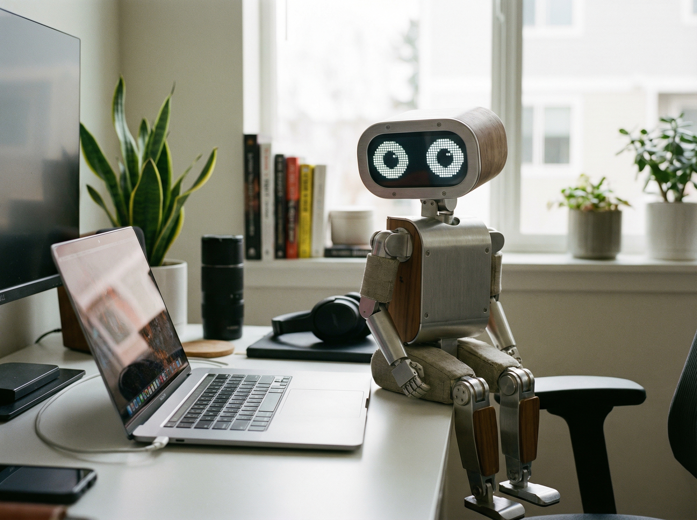 A small robot companion with large expressive LED eyes sitting on a desk next to a laptop, tracking a person's movement, modern home office setting, high quality digital photography, no text, 4:3