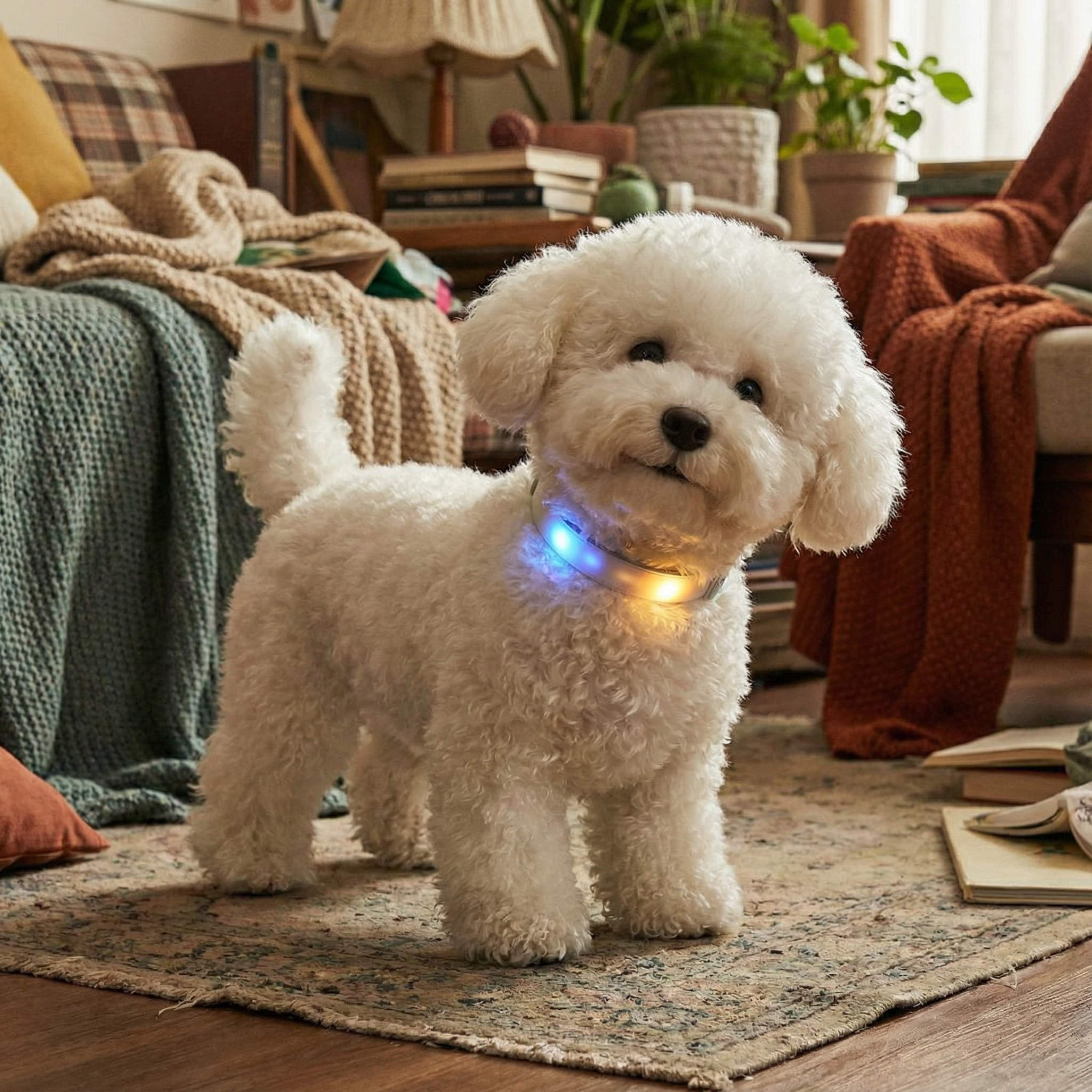 A fluffy robotic dog resembling a white Bichon Frise, glowing soft light indicators, standing in a cozy home environment, friendly and non-threatening appearance, realistic texture, no text, 1:1