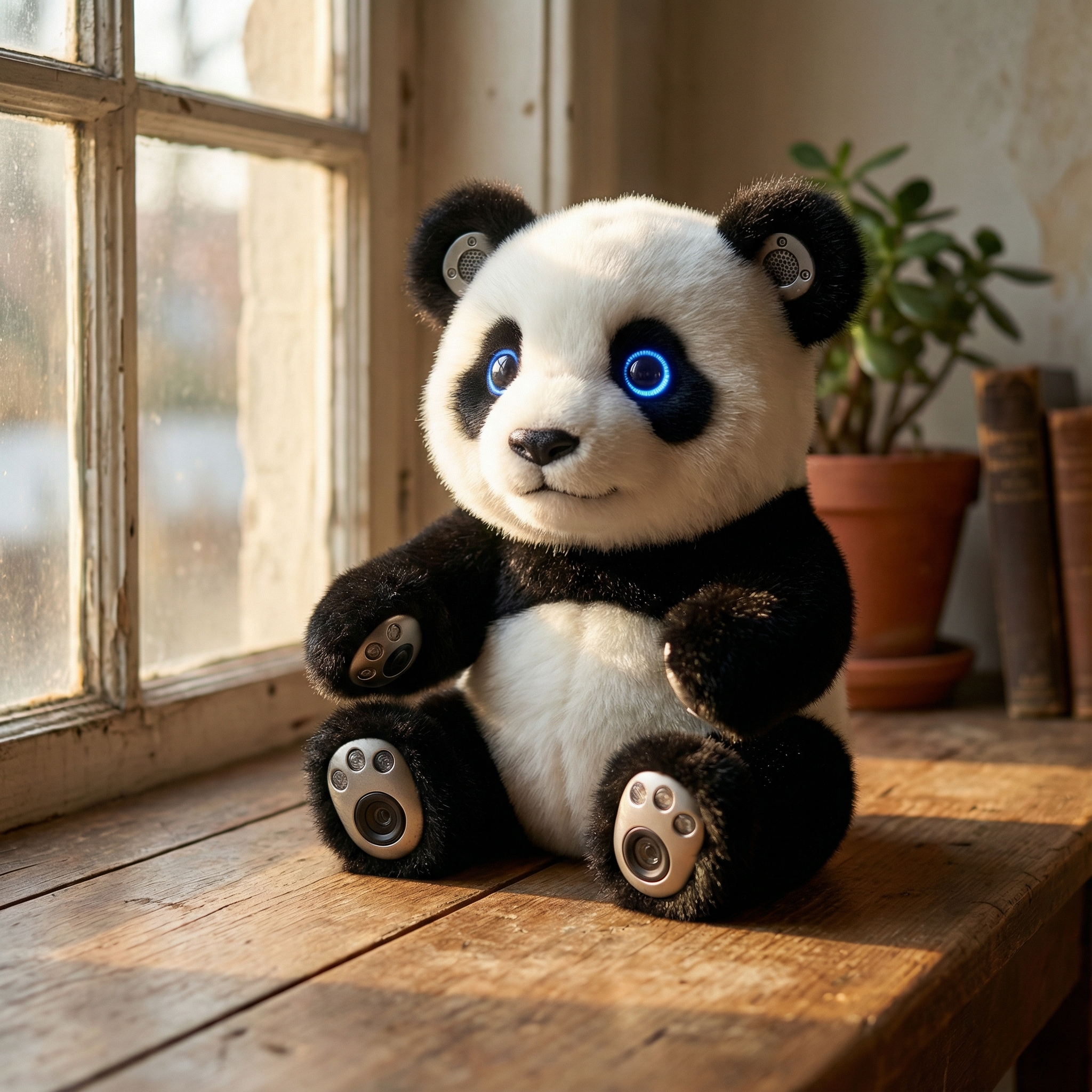 A cute AI panda robot with soft fur sitting on a wooden desk near a window, realistic texture, emotional lighting, high-tech sensors subtly integrated, 1:1 aspect ratio, no visible text