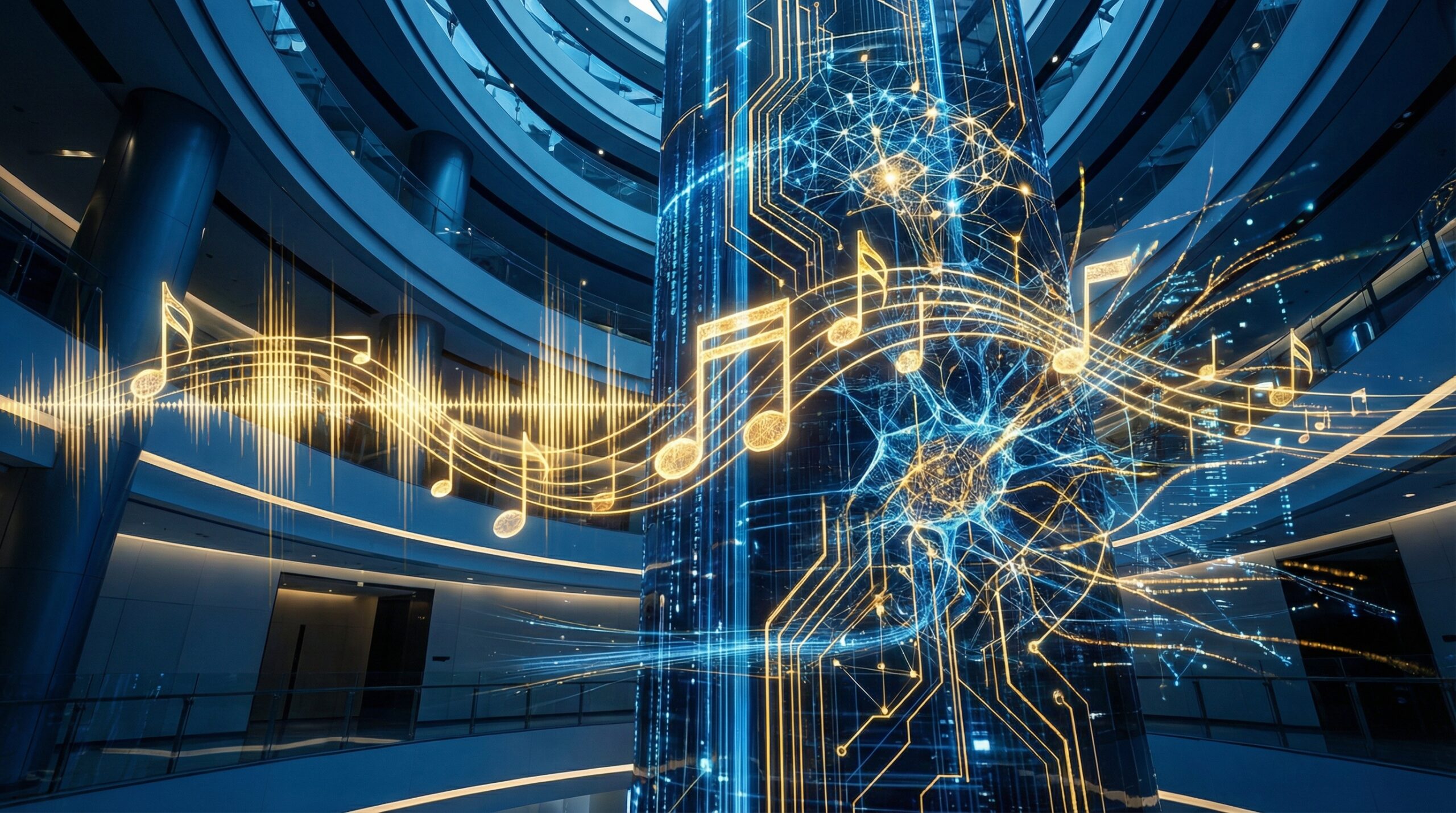 A futuristic and artistic representation of the partnership between a major music company and a high-tech AI corporation. Glowing digital music notes and sound waves merging with advanced neural network circuits. High-tech, sleek, professional atmosphere with deep blue and gold colors. 16:9 aspect ratio, no text.