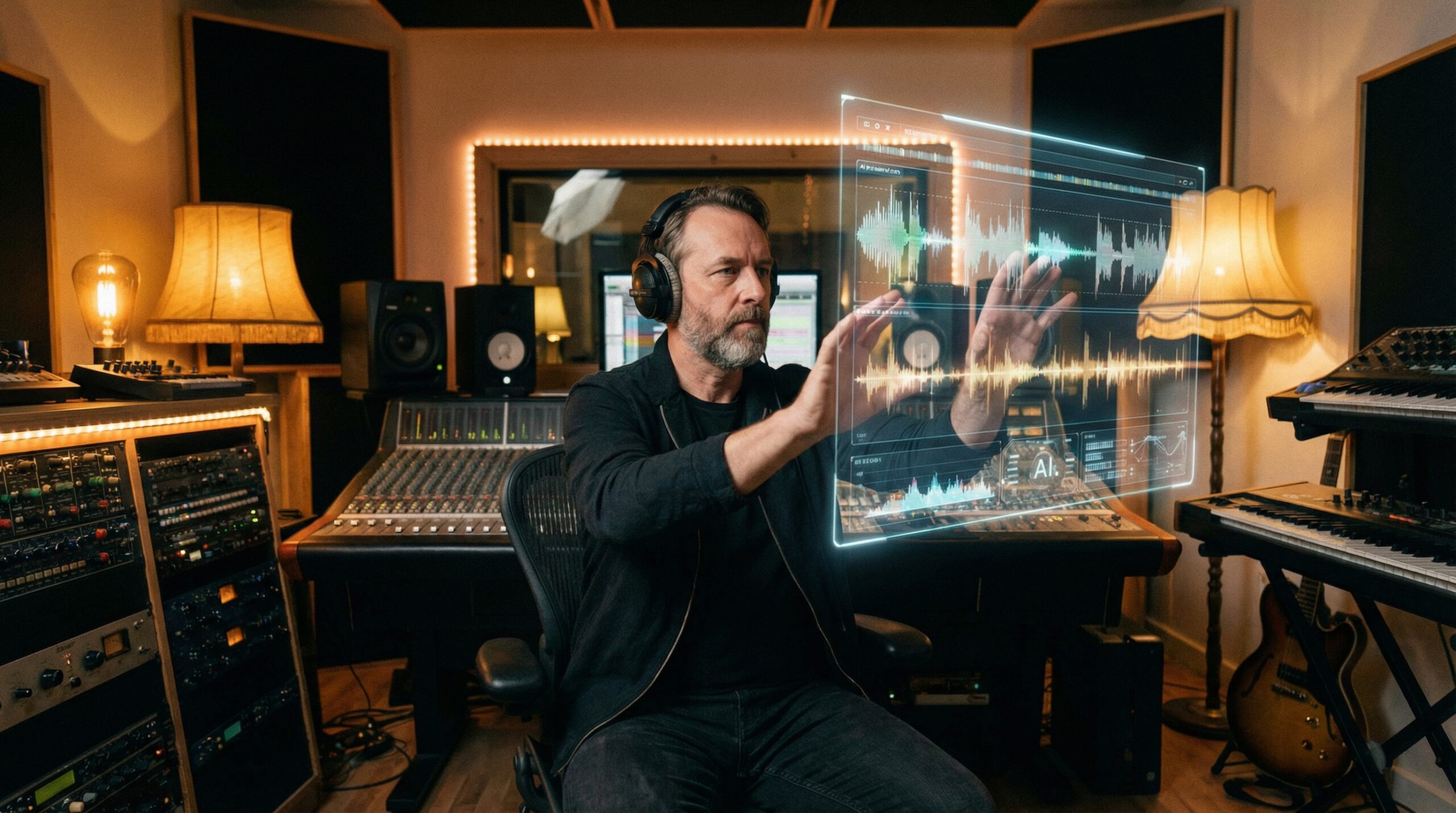 A professional music producer working in a modern studio filled with high-end equipment. He is interacting with a transparent holographic interface displaying complex audio waveforms and AI analysis data. Warm and creative lighting, realistic photography style. 16:9 aspect ratio, no text.