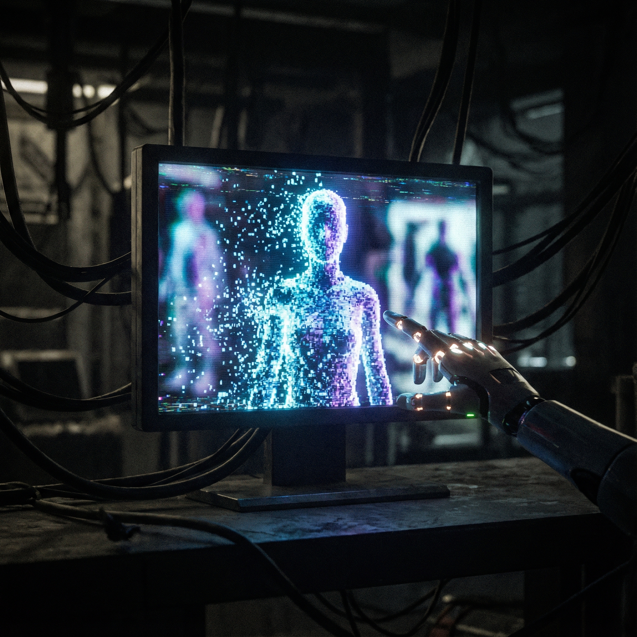 A dark and cinematic scene showing a computer screen with blurry AI generated figures, a robotic hand manipulating digital pixels to create a human-like silhouette, high contrast lighting, futuristic but ominous atmosphere, 1:1, no text
