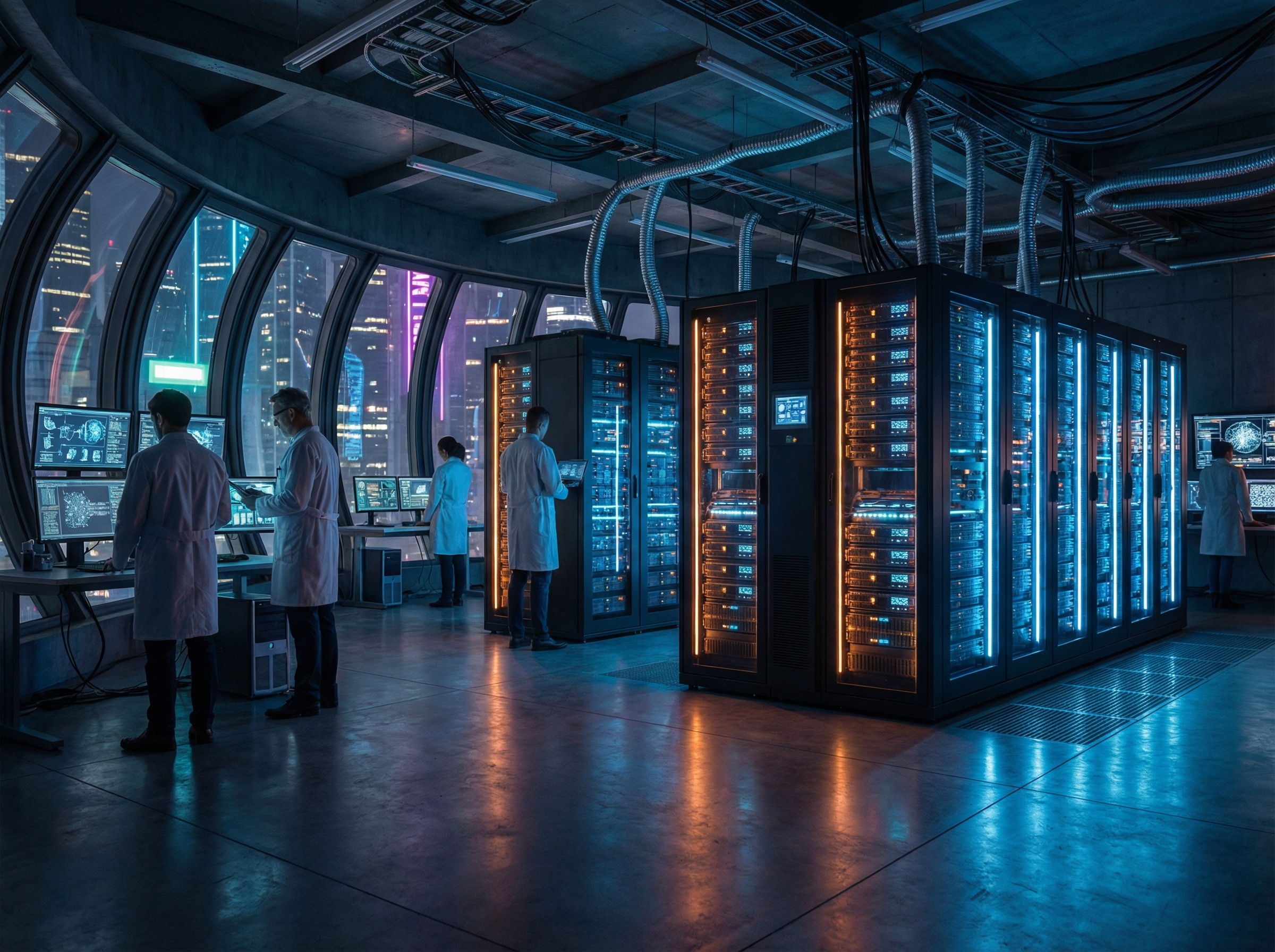 A futuristic AI research laboratory with massive supercomputer servers glowing with neon blue and amber lights, representing high-tech innovation and data processing, cinematic lighting, 4:3 aspect ratio, no text.