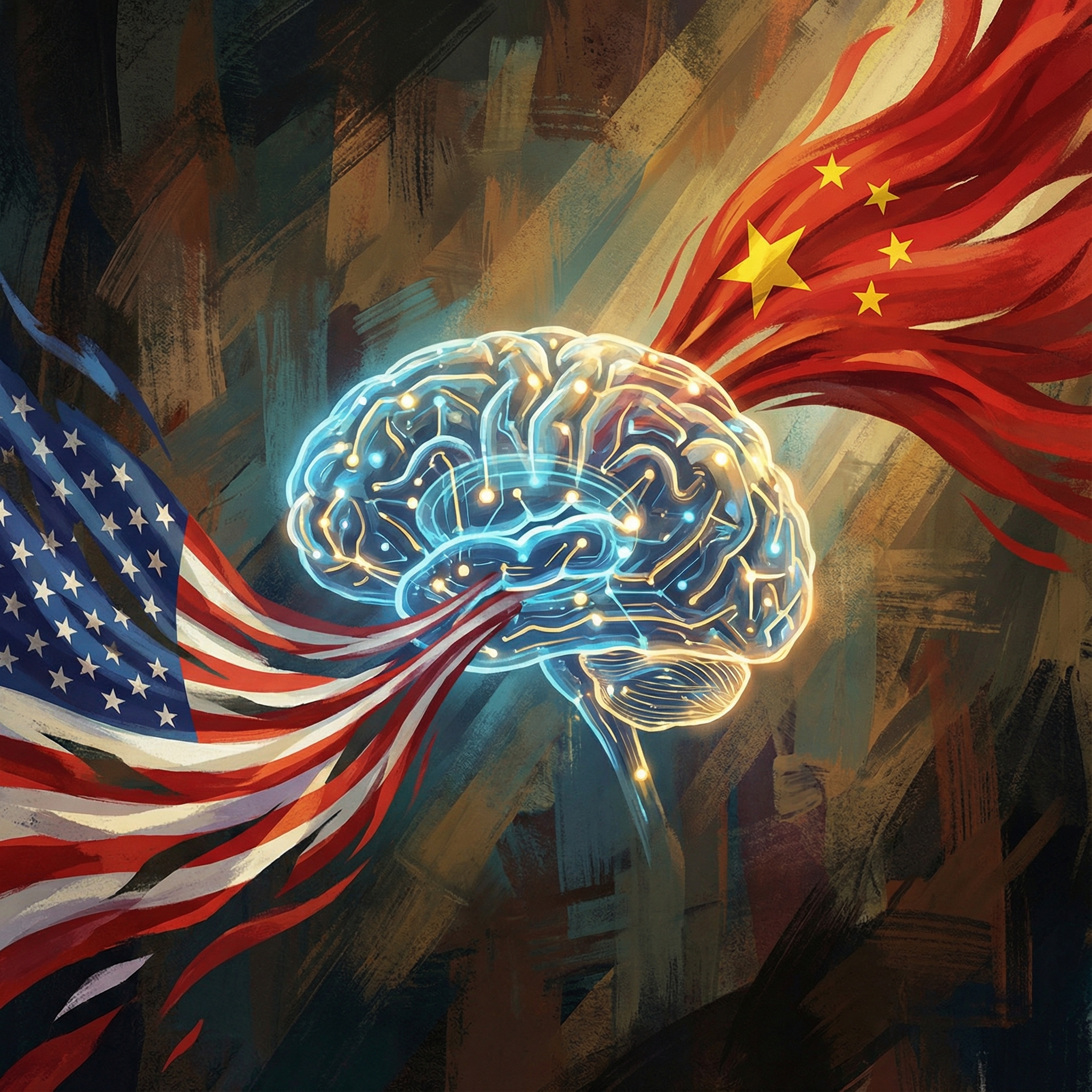 A symbolic illustration of a glowing AI brain being pulled from two sides by abstract representations of the US and China flags. Dramatic lighting, textured artistic background, 1:1 aspect ratio, no text.