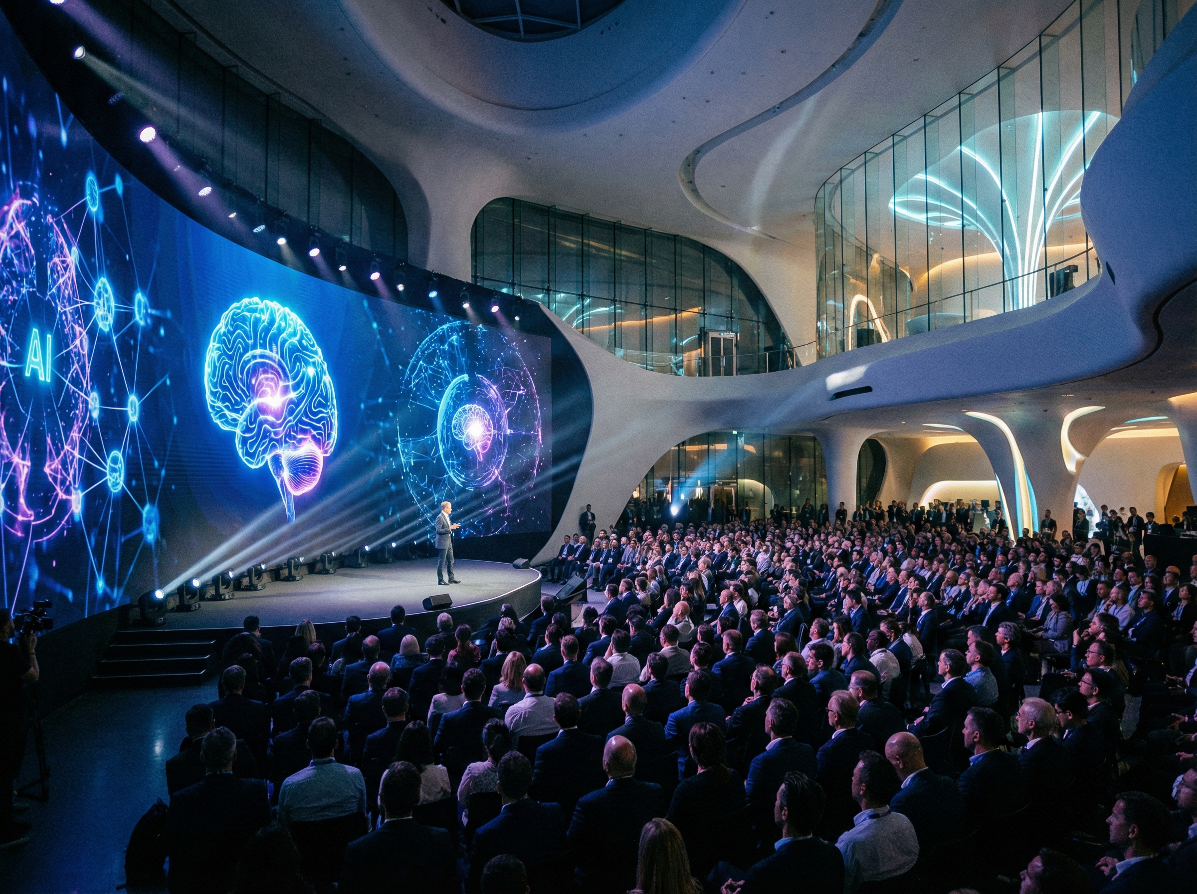 A futuristic tech conference hall during a keynote session, glowing digital displays showing AI neural networks, professional atmosphere, modern architecture, cinematic lighting, 4:3 aspect ratio, no text.