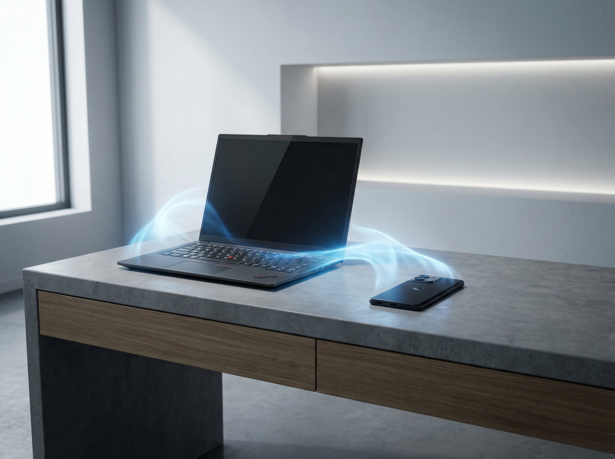 A sleek modern Lenovo laptop and a Motorola smartphone side by side on a minimalist desk. A subtle glowing blue aura connects both devices representing an intelligent AI assistant named Qira. Clean and high-tech atmosphere, cinematic lighting, 4:3 aspect ratio, no text.