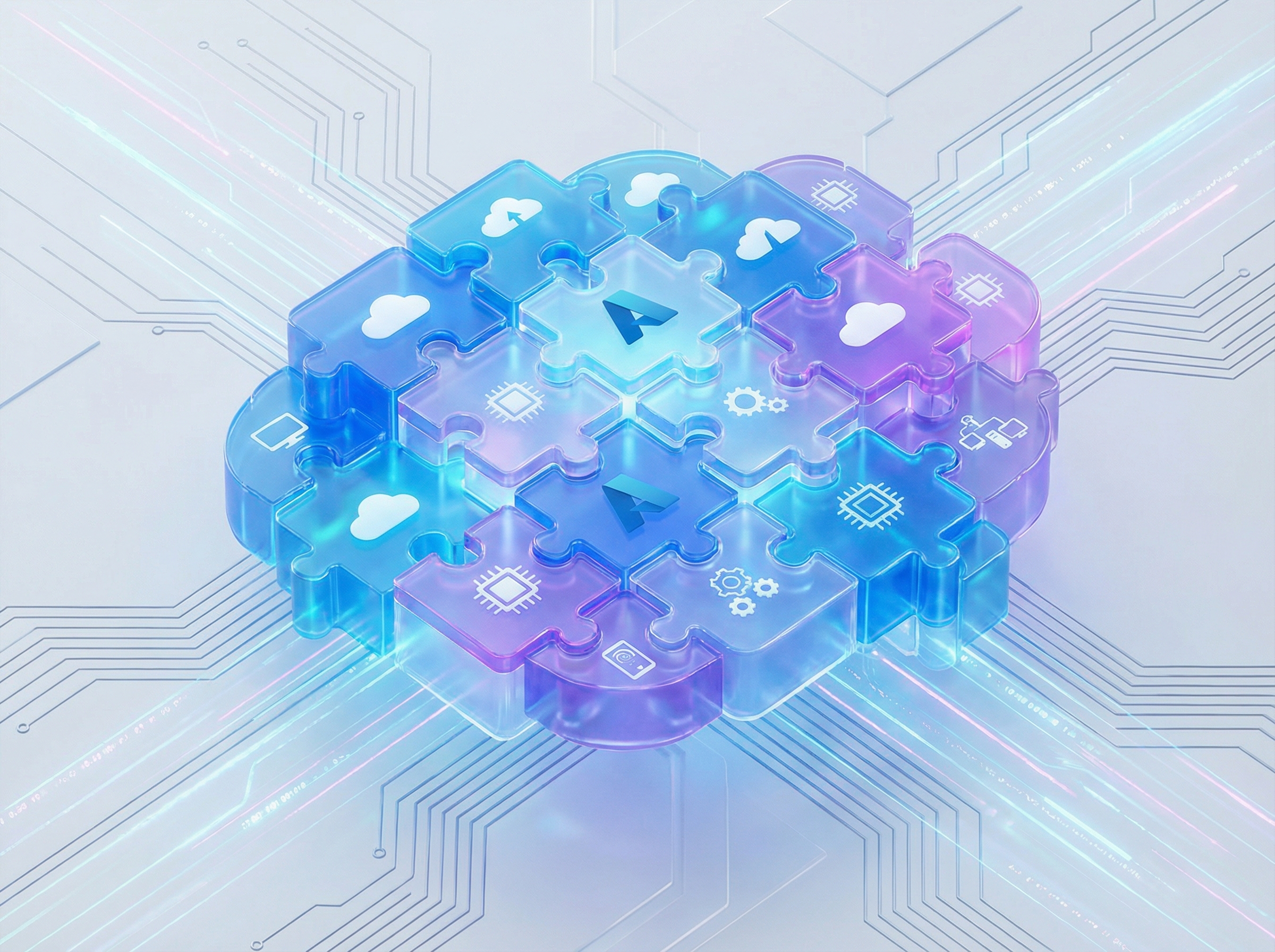 A conceptual illustration of a modular AI system showing different glowing components like puzzle pieces fitting together. Symbols of Microsoft Azure and local processing icons integrated into a clean tech layout. High-tech digital art style, vibrant blue and purple accents, 4:3 aspect ratio, no text.